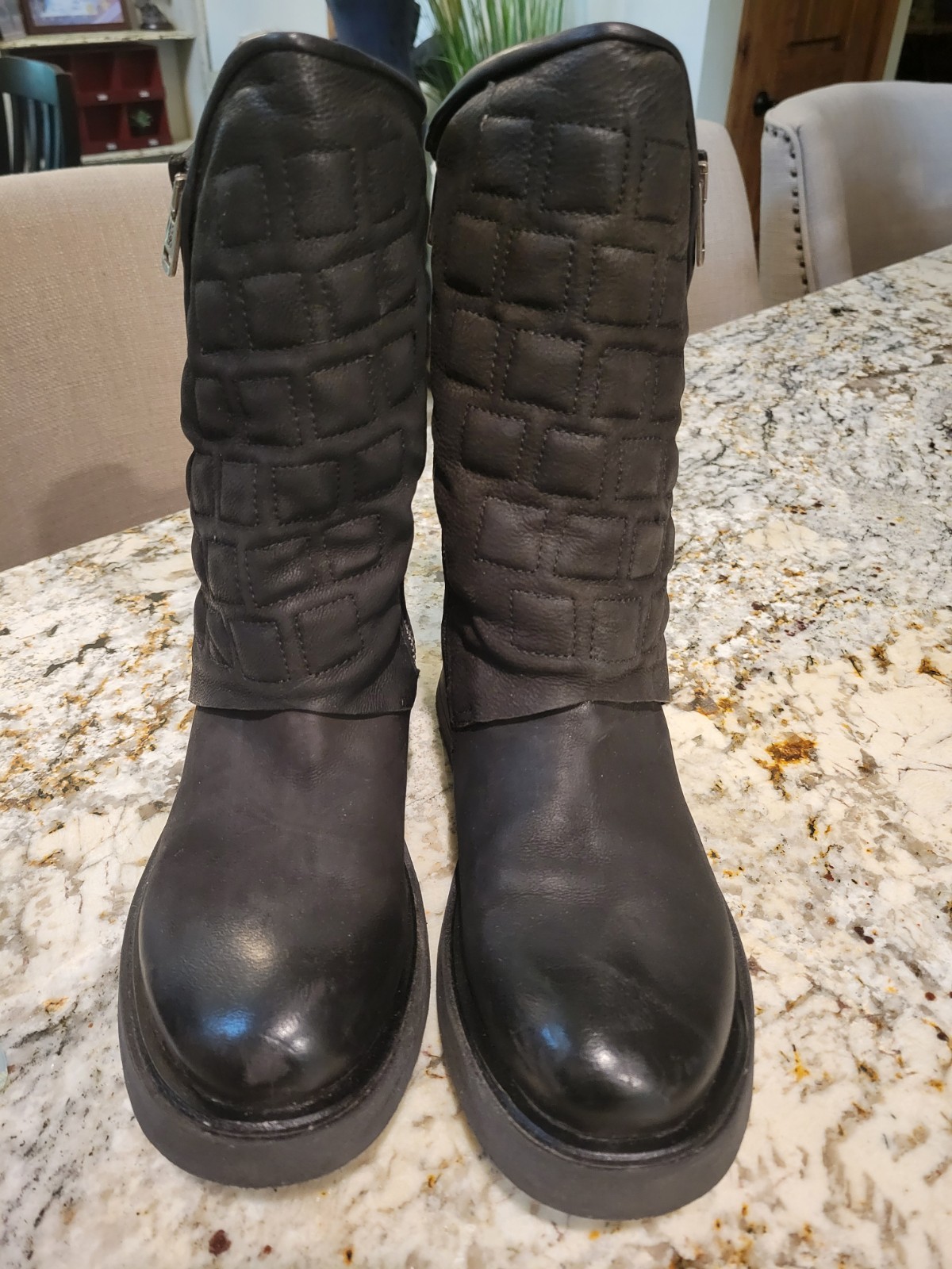 Women’s A.S.98 Neo Black Leather Quilted Biker Zip Mid-Calf Boots EU 38 US 8