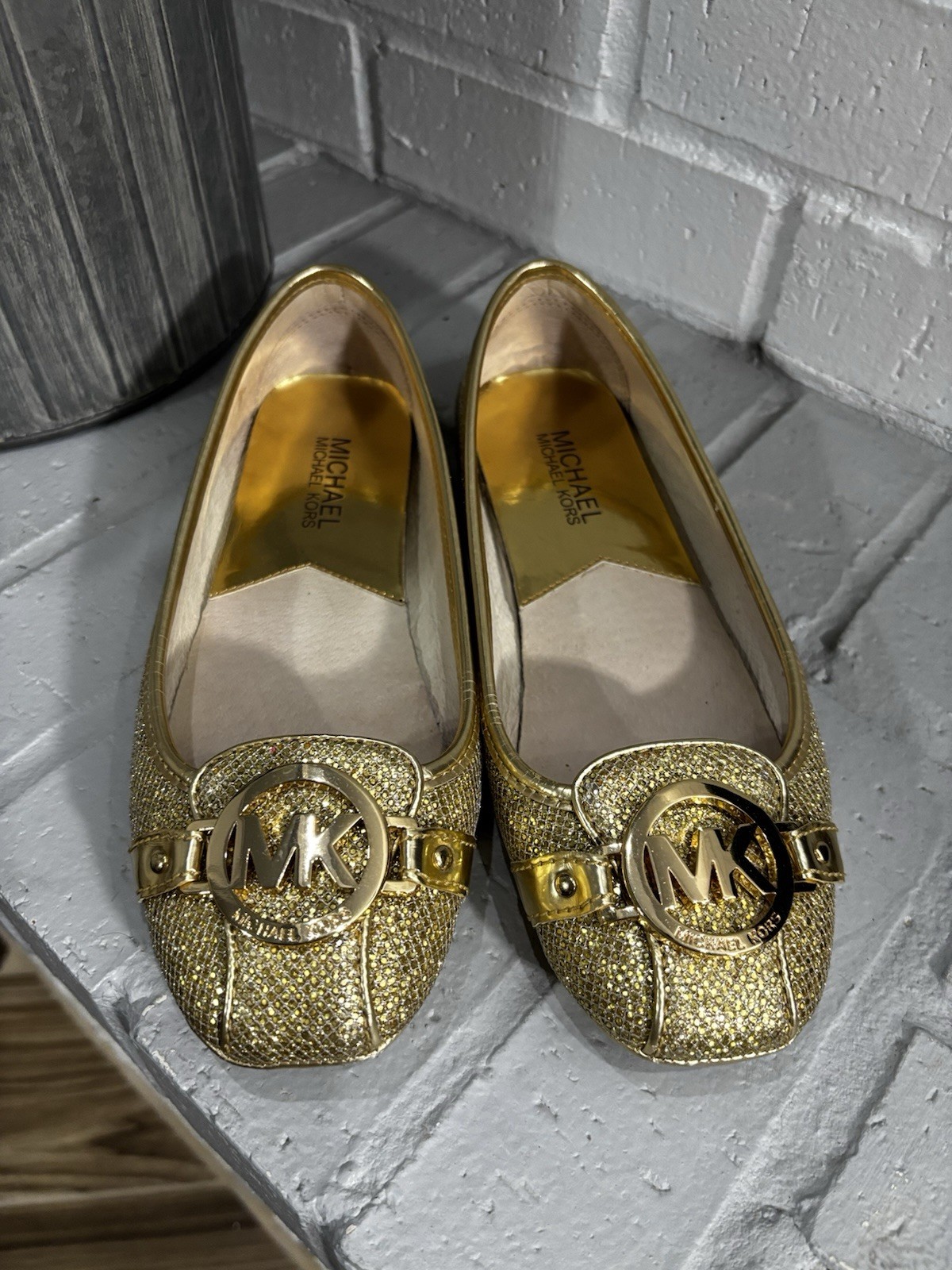 Michael Kors Gold Glitter Slip-On Ballet Flats Logo Accent Women