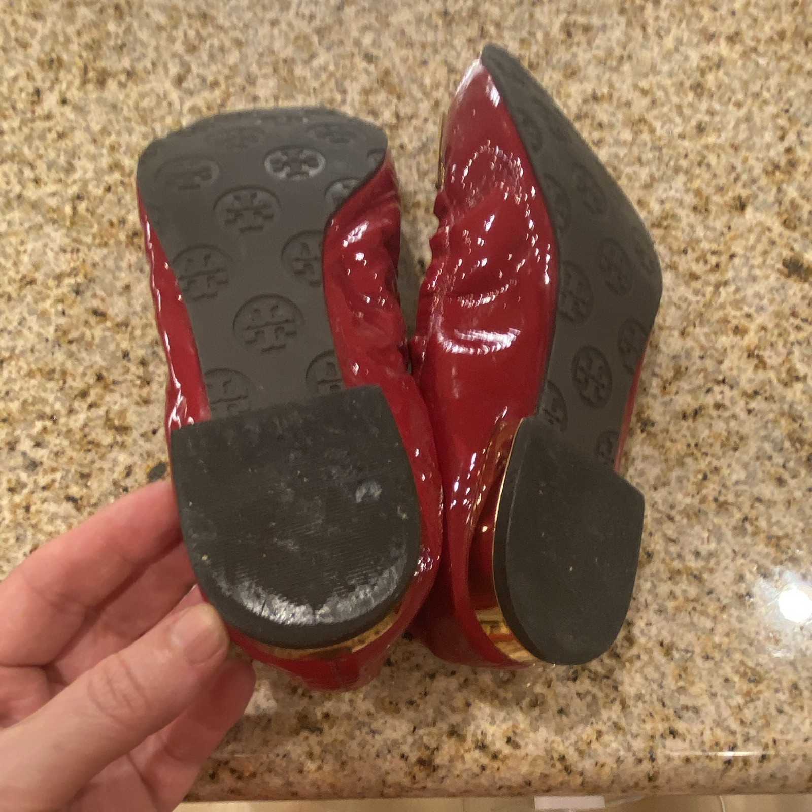 Tory Burch Women’s Red Patent Leather Ballet Flats Peep Toe Logo Buckle US 7.5