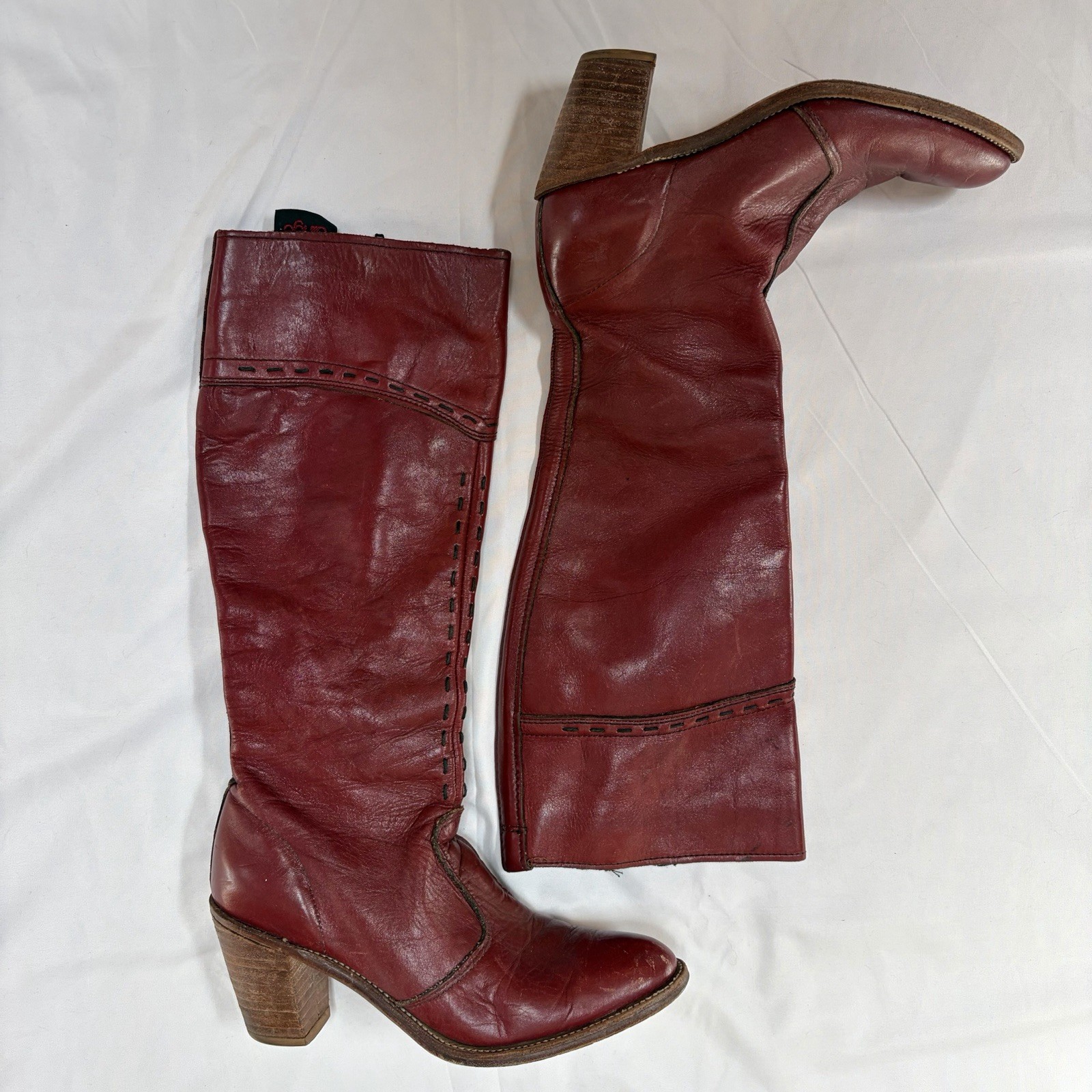 Dingo Campus Women’s Red Leather Knee High Chunky Stack Boots Zip Round Toe 8.5