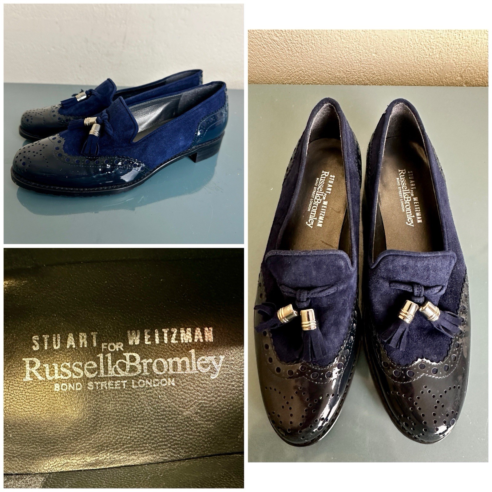 RUSSELL & BROMLEY STUART WEITZMAN Loafers Navy Suede Patent Shoes $400 Sz 6 Ex!