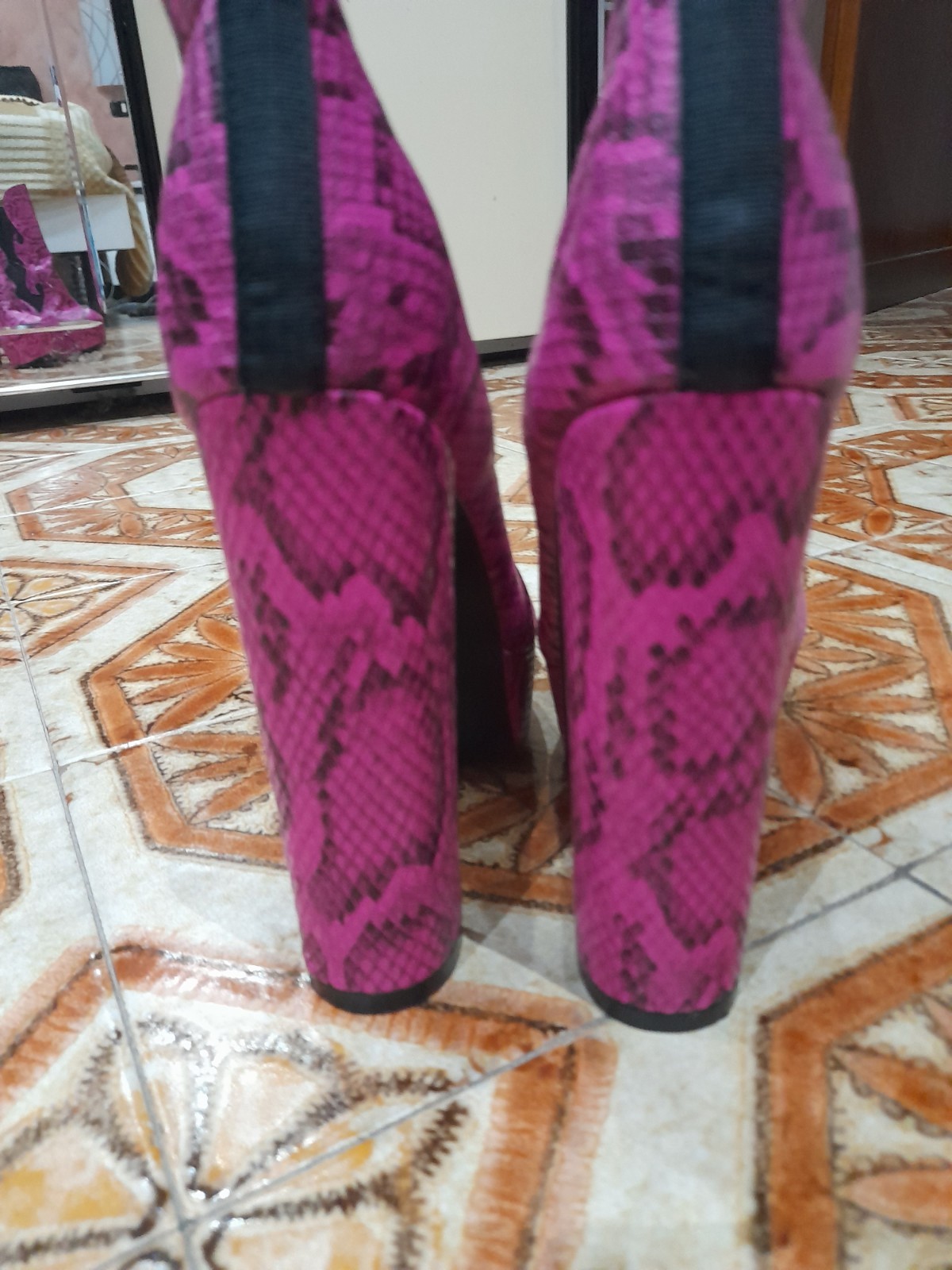 Ankle Boots Snake Print Magenta And Black With Flames Trash Fash High Heels 38