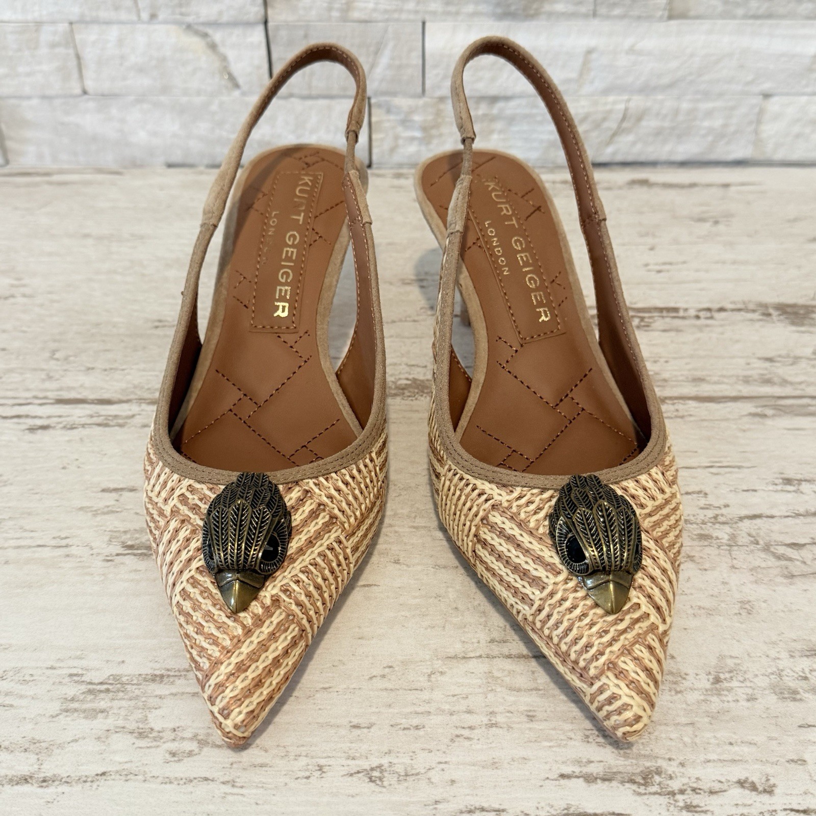 Kurt Geiger London Belgravia Slingback Raffia Woven Heels Beige Combo Size 36 EU