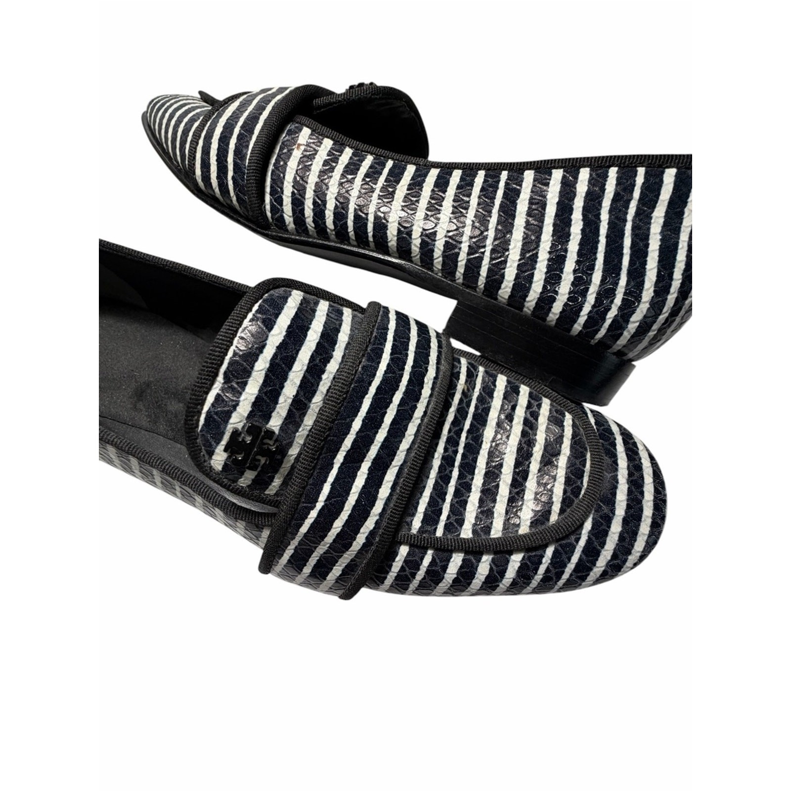 Tory Burch Evette Penny Loafers Striped Black & White Leather Loafers Sz 5.5