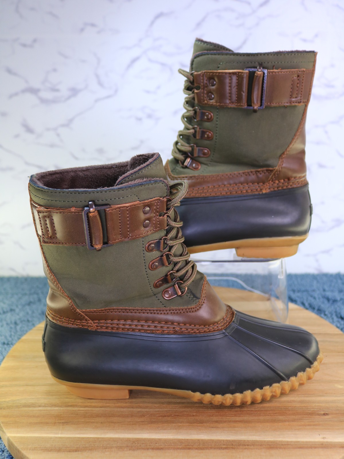JBU Calgary Brown Green Black Lace Up Mid Calf Duck Work Rain Boot Women Sz 6.5M