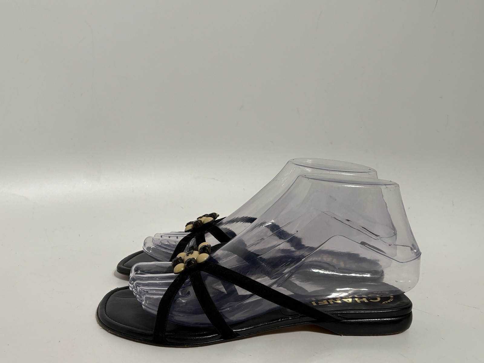 Vtg Chanel Black Leather CC Logo Crystal Embellished Sandals 36