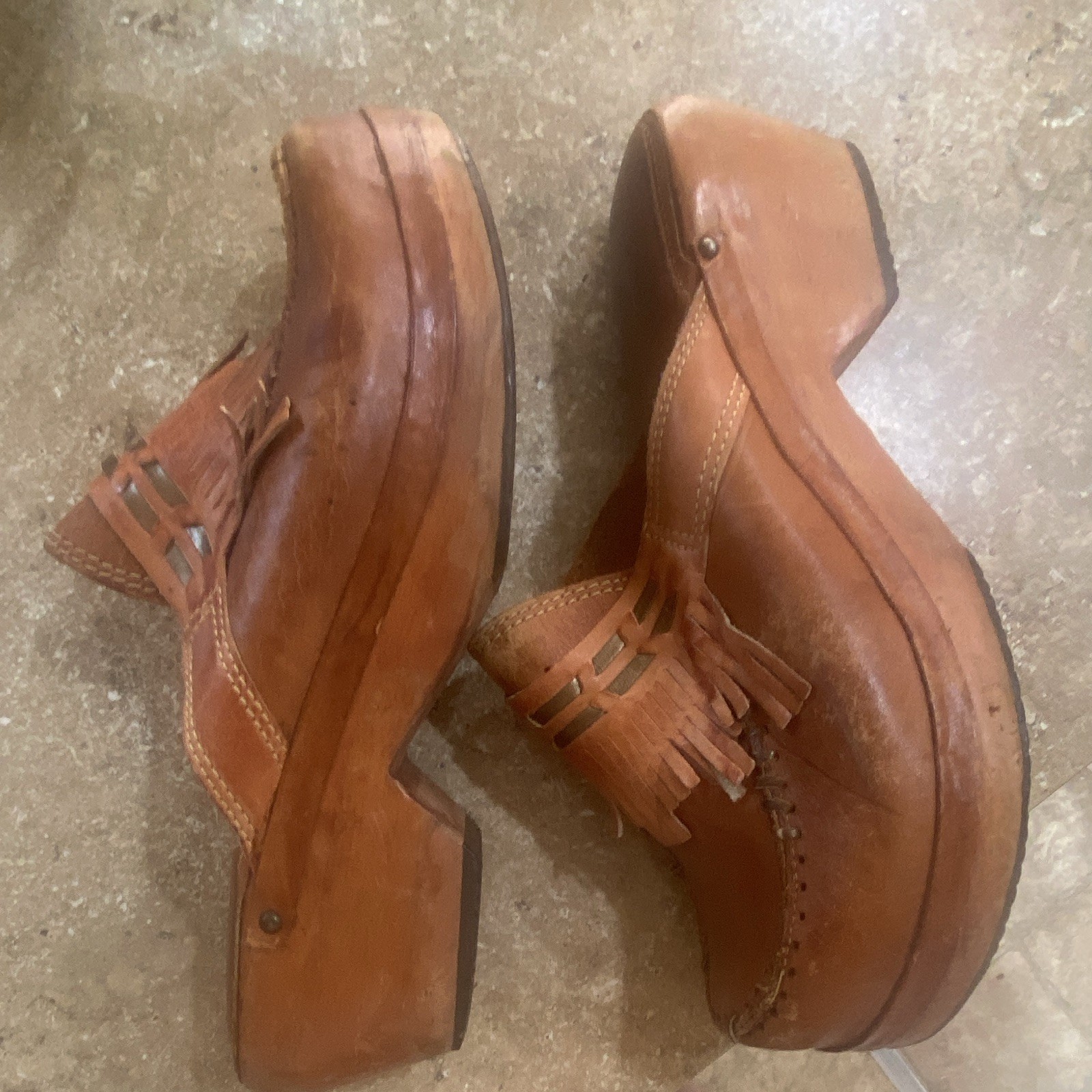 Onnie of Brazil Women’s Brown Leather Fringe Slip-On Clog Mule 7M Comfort