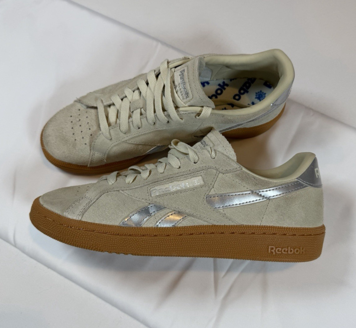Womens 9 Reebok Silver Club C Grounds Sneakers Lace Casual Gum Sole Walk Shoes