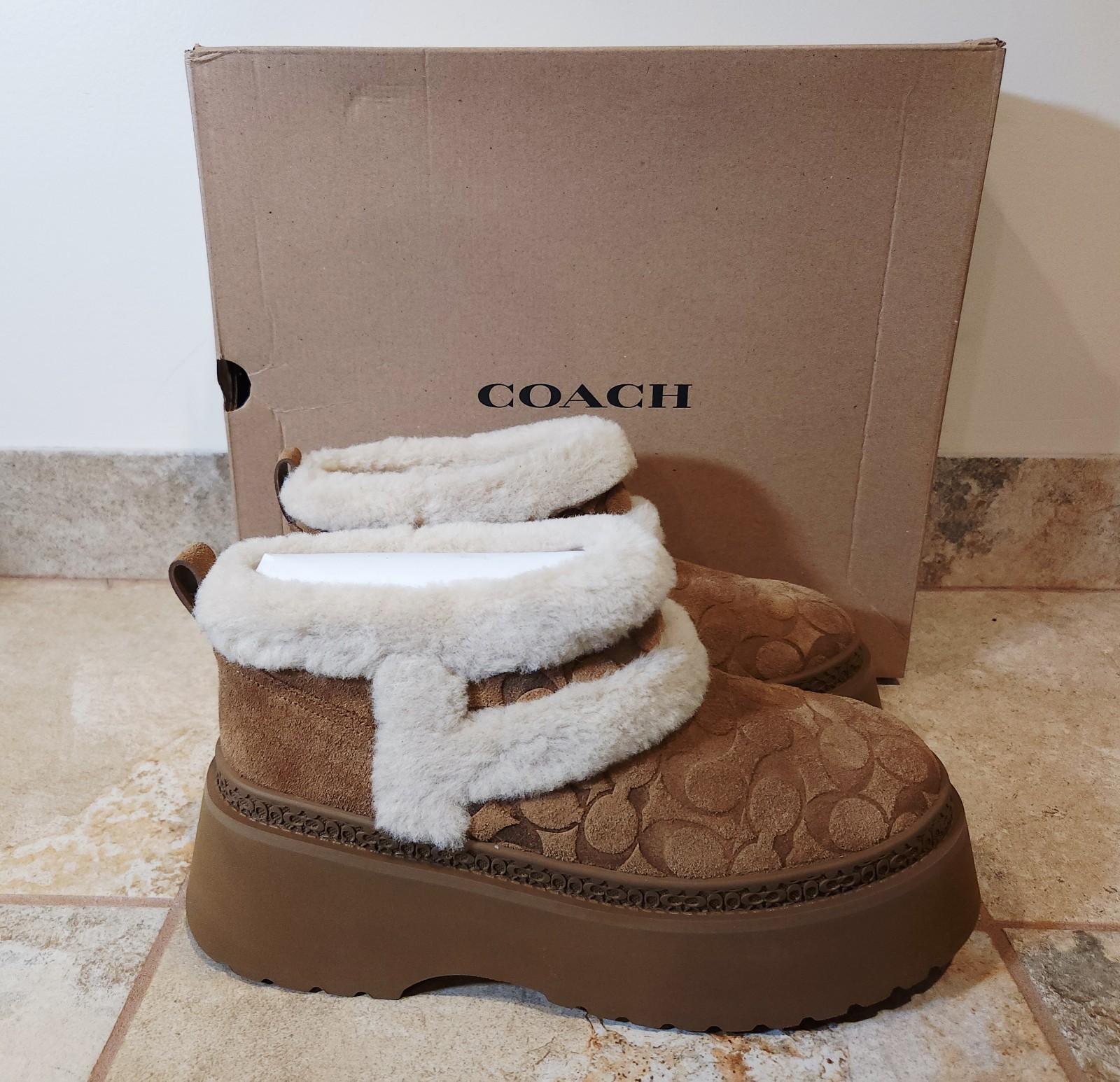 Coach Christina Signature Shearling Womens Booties Tobacco 2.5″ Lug 10 B NIB NEW