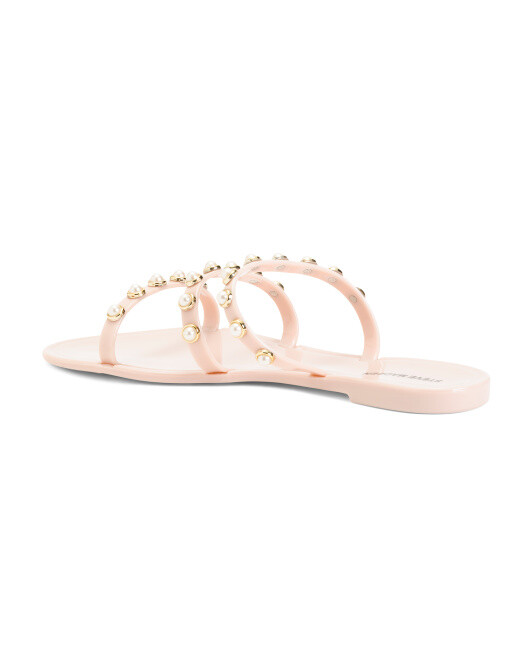 STEVE MADDEN Pearl Embellishment Studded Flat Slide Sandals-Black~or~Blush