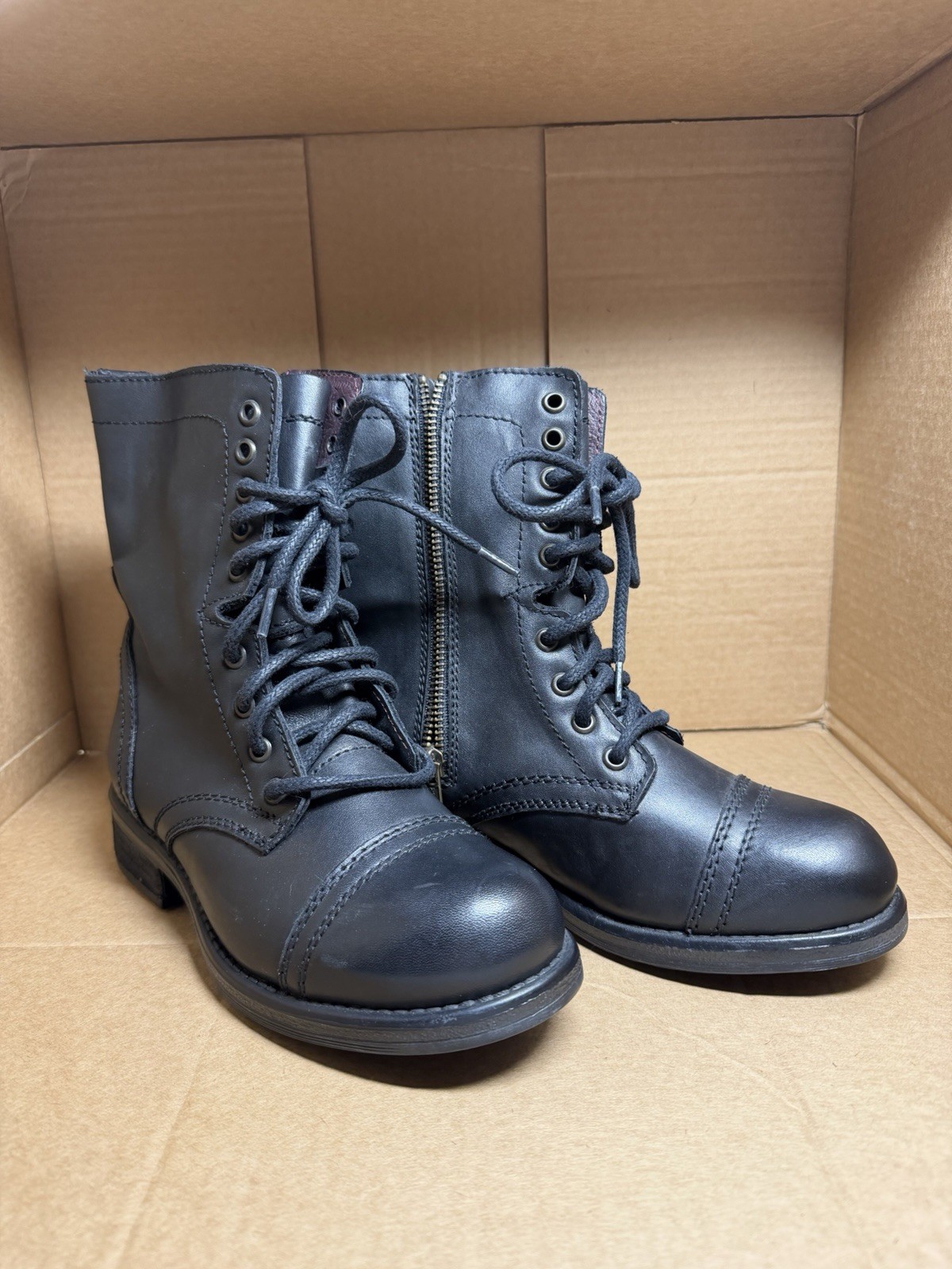 Steve Madden Troopa 2.0 Black Leather Zip Lace Combat Boot Size 7.5 W