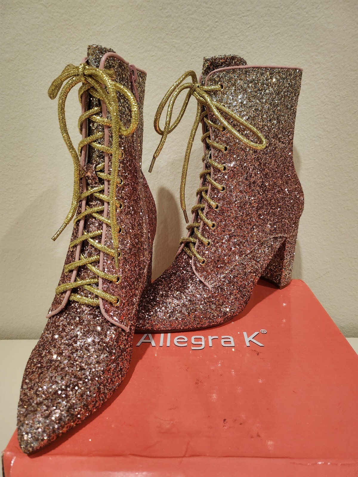 Allegra K Boots Women 7 Pink Ombre’ Glitter Block Heel Fairy Whimsical Witchy
