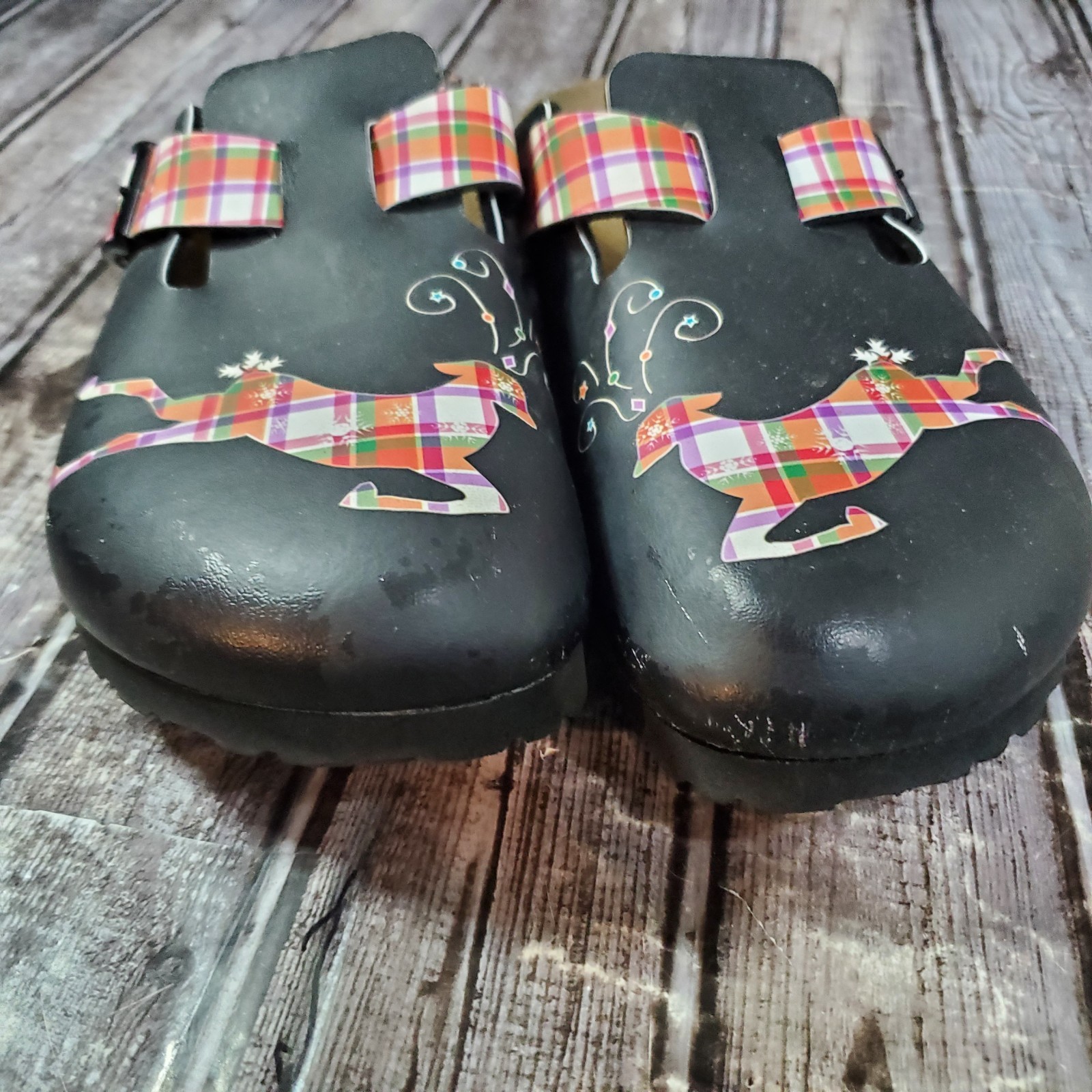 Birkenstock Birki’s Unisex Woodby Black Plaid Reindeer Graphic Clog Size 39 W8