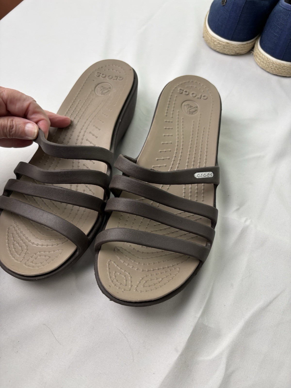Crocs Brown Rhonda Slide Wedge Sandals Women Size 10 W Excellent Condition