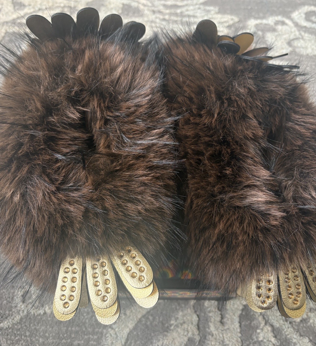 Kurt Geiger London-Eagle Fluff Faux Fur Bedazzled Brown/Gold Slippers, 8/9 New