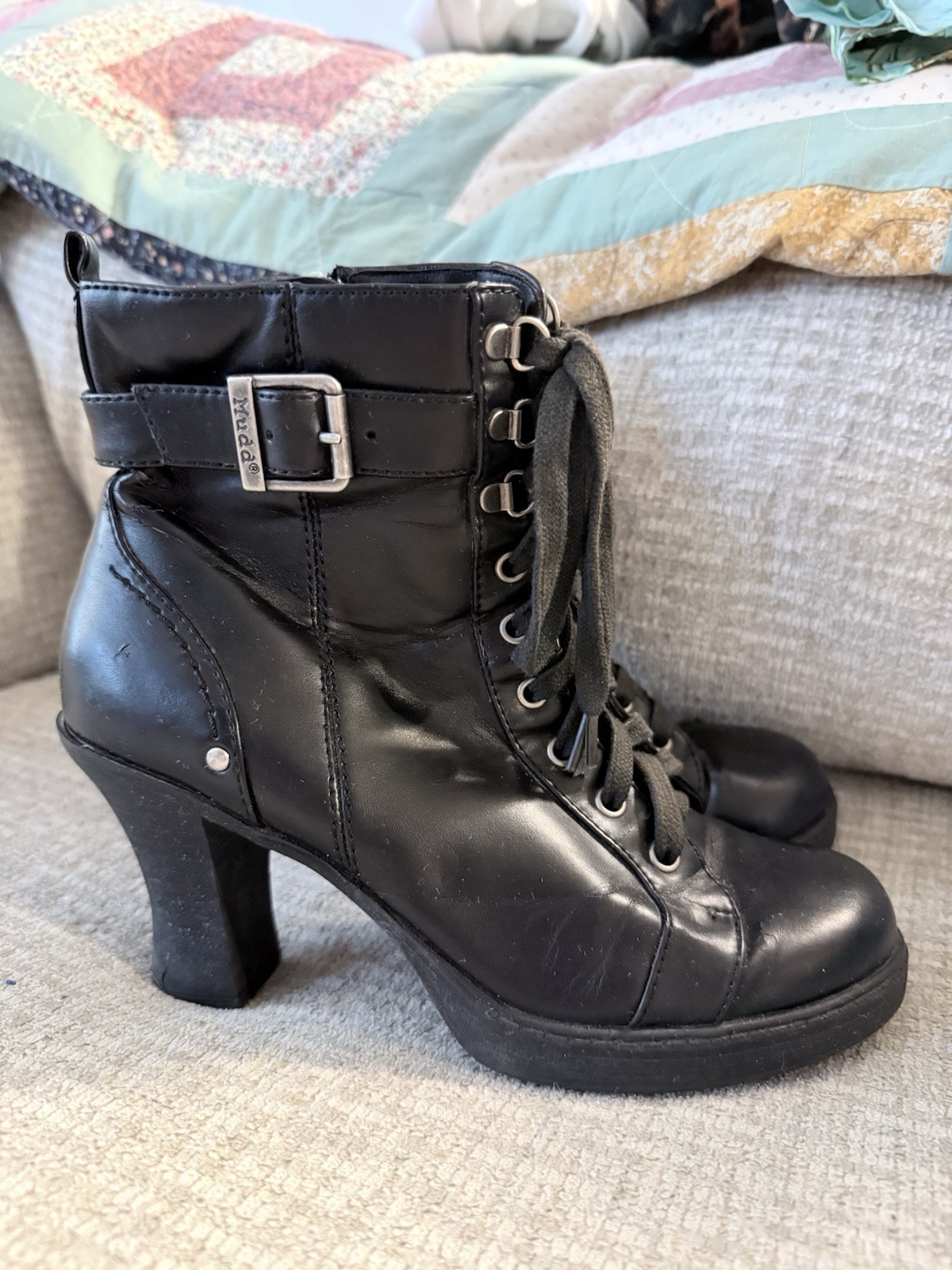 Y2K Mudd Miller Boots Womens 7 Chunky Black Platform Buckles Lace Up Goth Grunge
