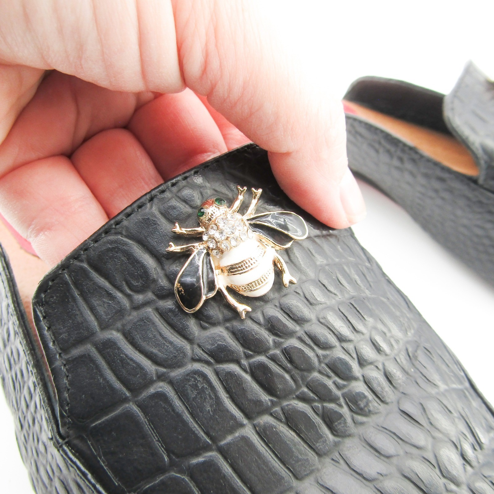 Lopez Indumentaria Black Croc Embossed Bee Embellished Mules Women Size 41