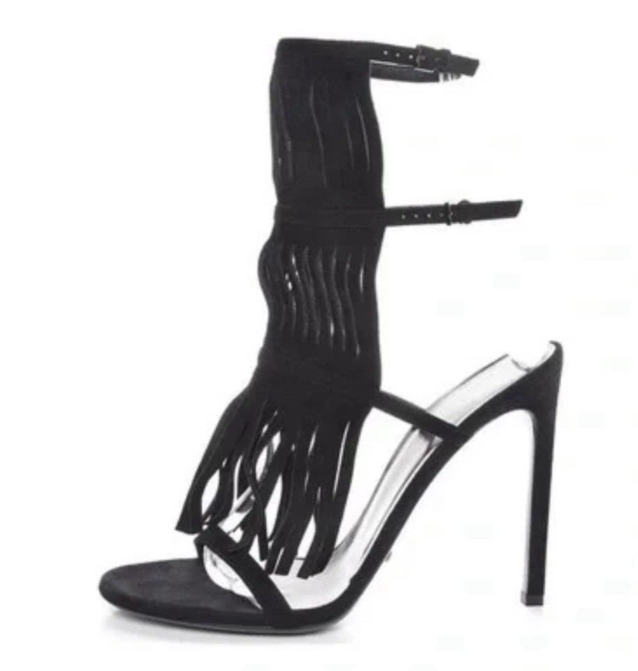 LAST ONE GUCCI Gladiator fringe Heel Sandal Black Suede 36 US 6.5 NEW w bag