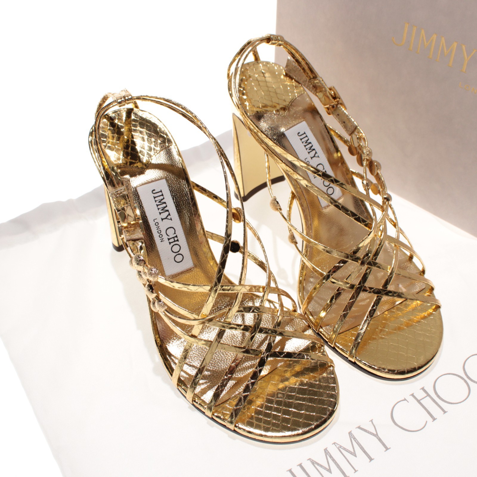 Jimmy Choo NWB Felice 95 Heeled Sandals Size 36.5 (US 6.5) in Gold Leather
