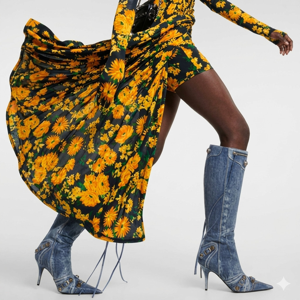 NWT Balenciaga Cagole 90mm Denim Print Leather Knee High Boots Studded 36 US 6