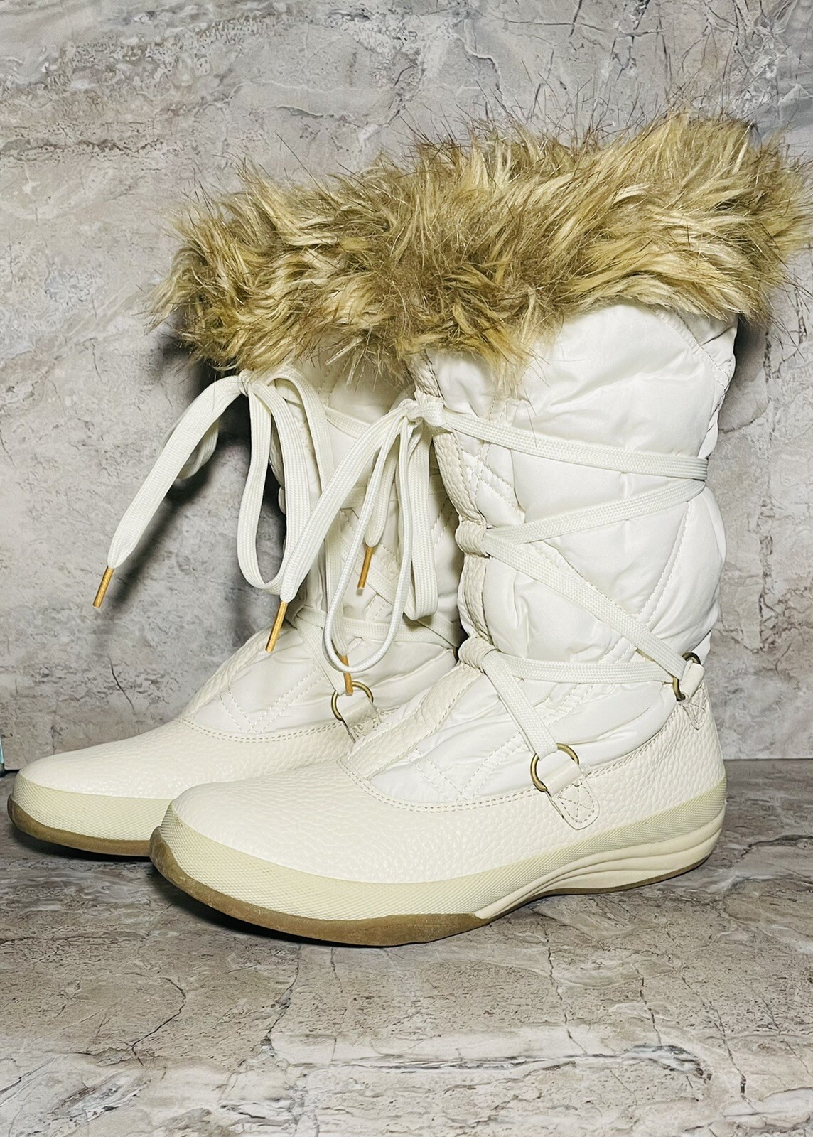 LANDS END Women 6B 384417 White Cream Faux Fur Trim Boots Leather Fabric Slip On