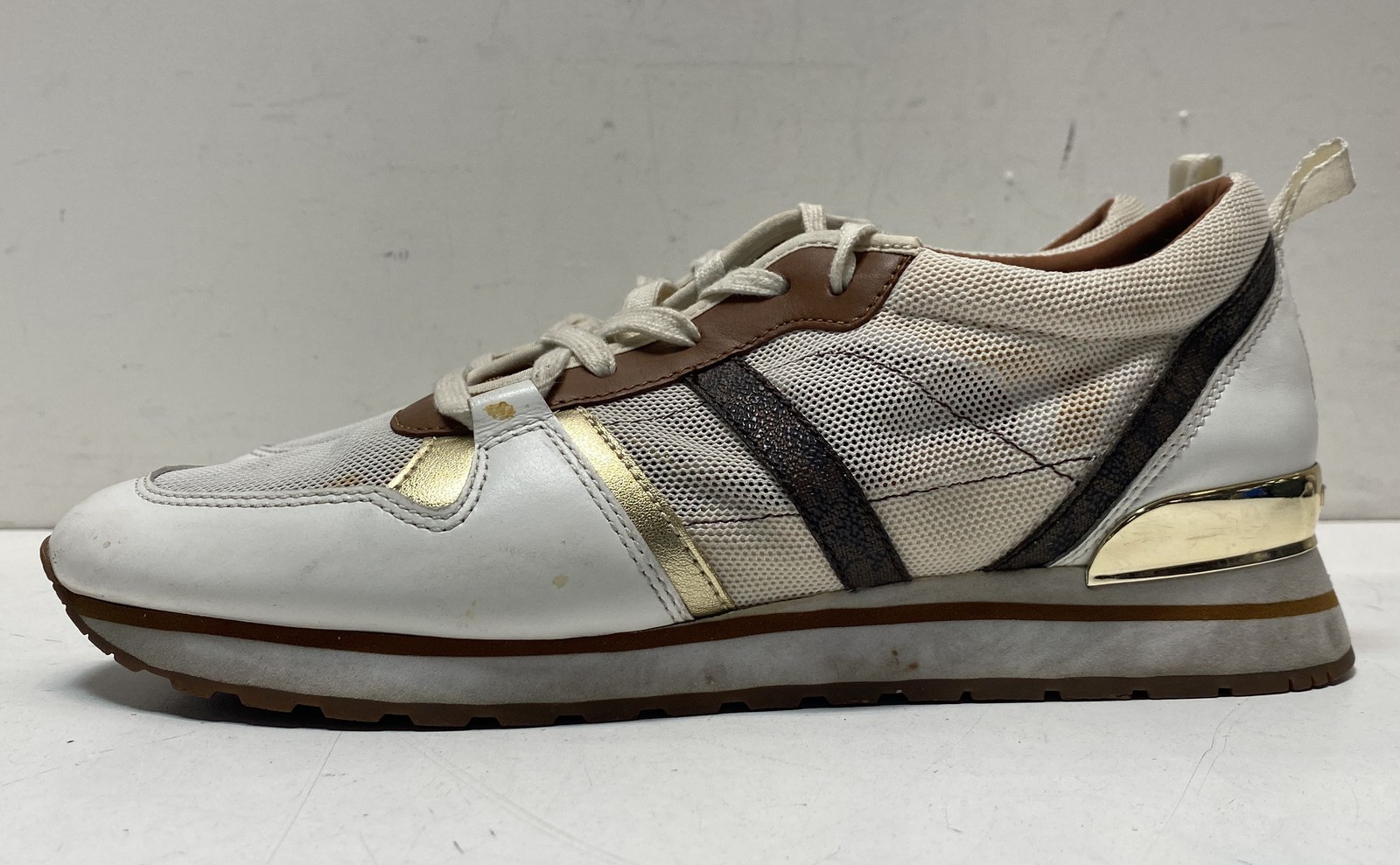 Michael Kors Billie Trainer White Brown Gold Wedge Sneakers Size 6