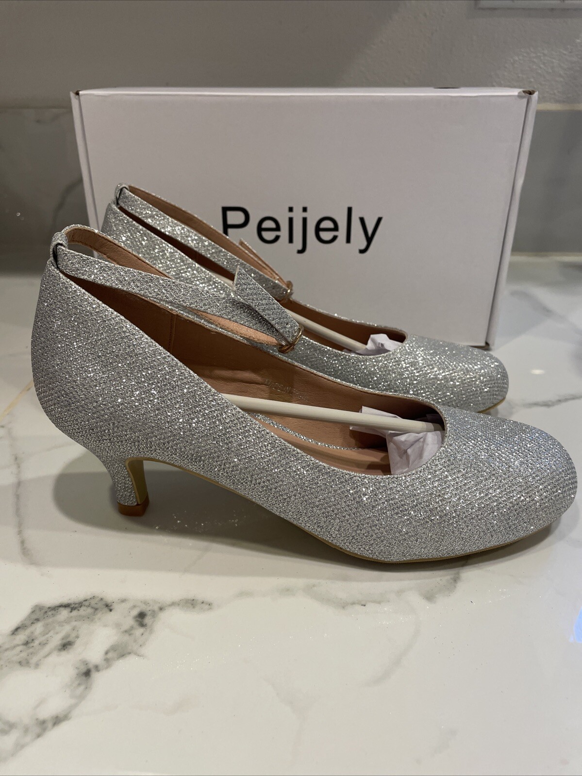 Peijely Women’s silver glitter round Toe 2 inch Heel 8.5