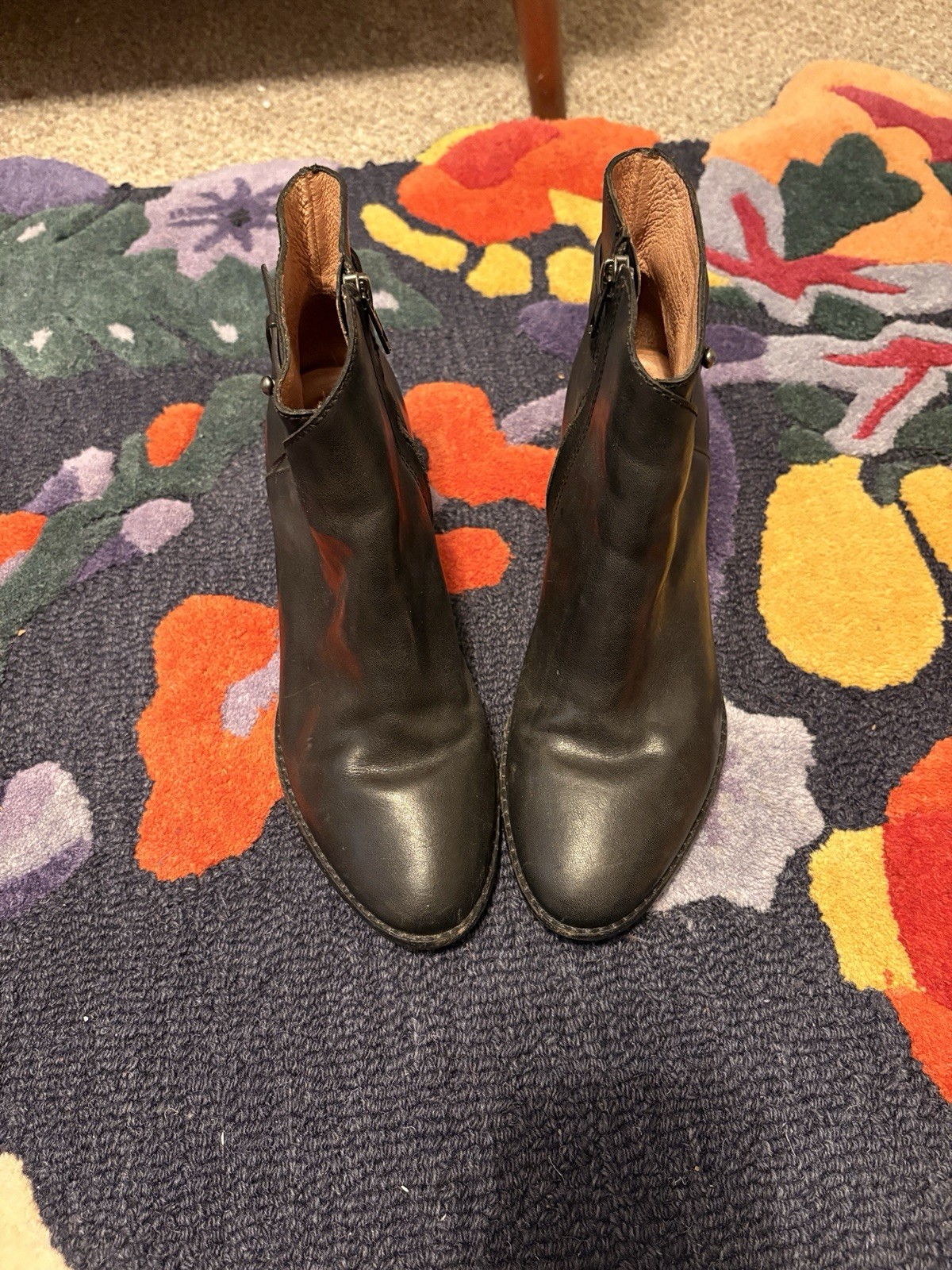 Madewell Black Leather Ankle Boots Size 8 Block Heel Side Zip Made in Brazil