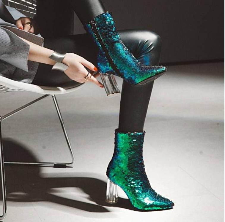 Womens Sequin High Heel Pointed Toe Zip Ankle Boots Casual Prom Club Party Shoes