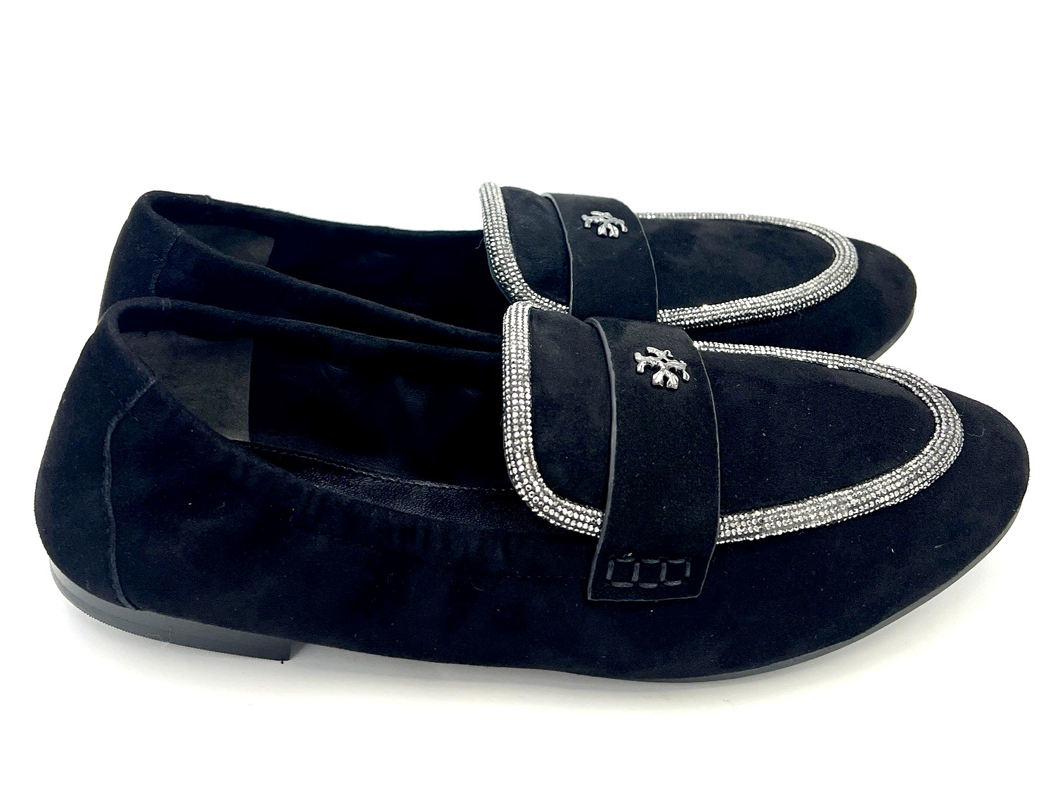 TORY BURCH BALLET LOAFER BLACK SUEDE/CRYSTAL EMBELLISHED MINI LOGO SZ US 9.5 NIB