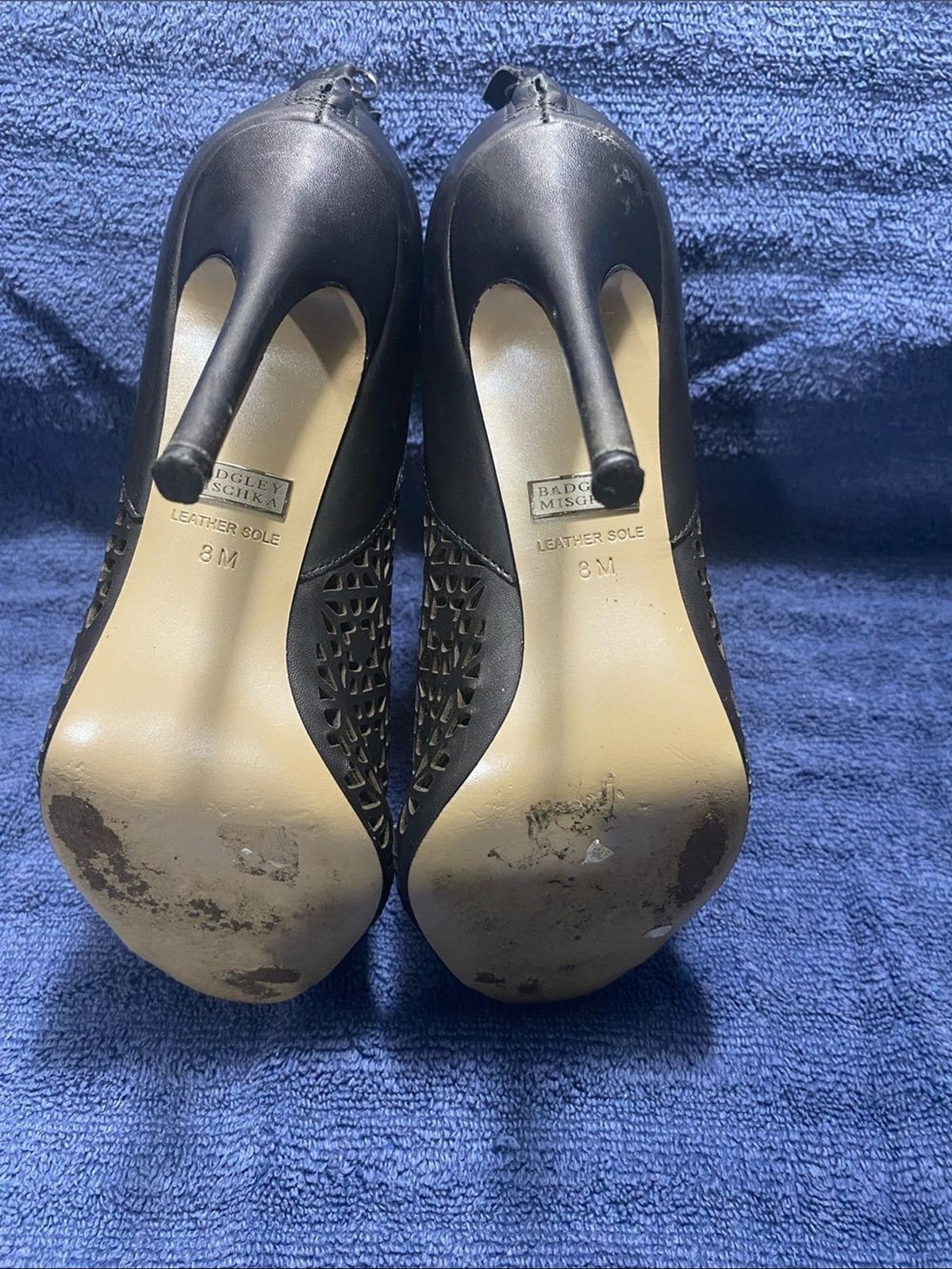 Badgley Mischka “July”Leather Black Laser-Cut Peep-Toe Stiletto Booties