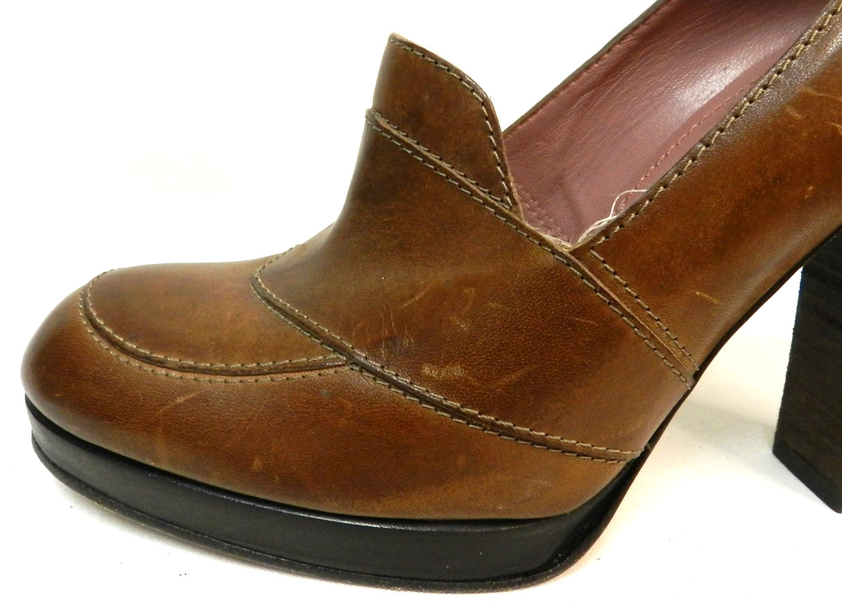 Derek Lam Leather loafer platform heels pumps brown Italy Size Sz 39 US 8