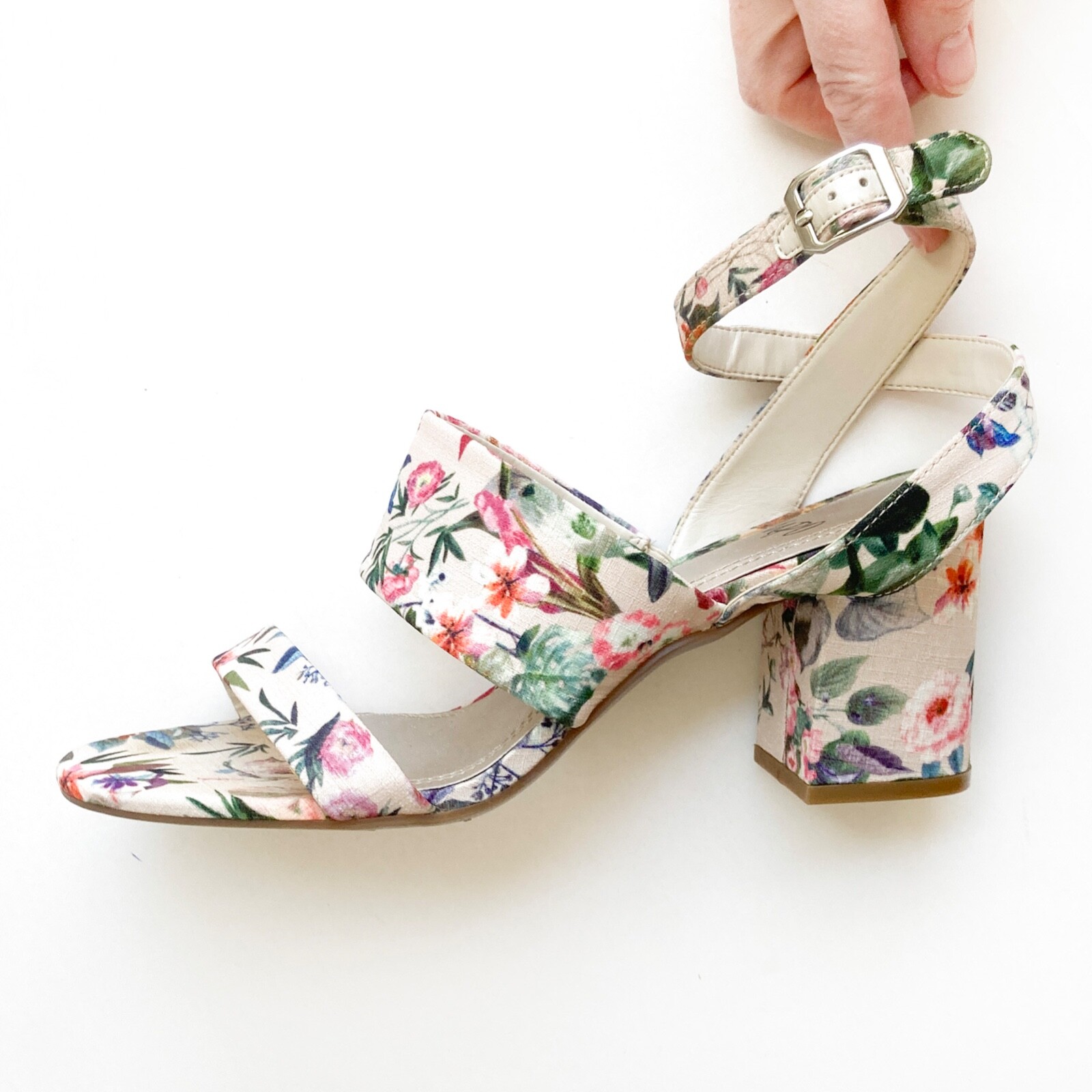 IMPO Floral Sandals Womens sz 9.5 M Varick Ankle Strap 3.25 in Heel Fabric