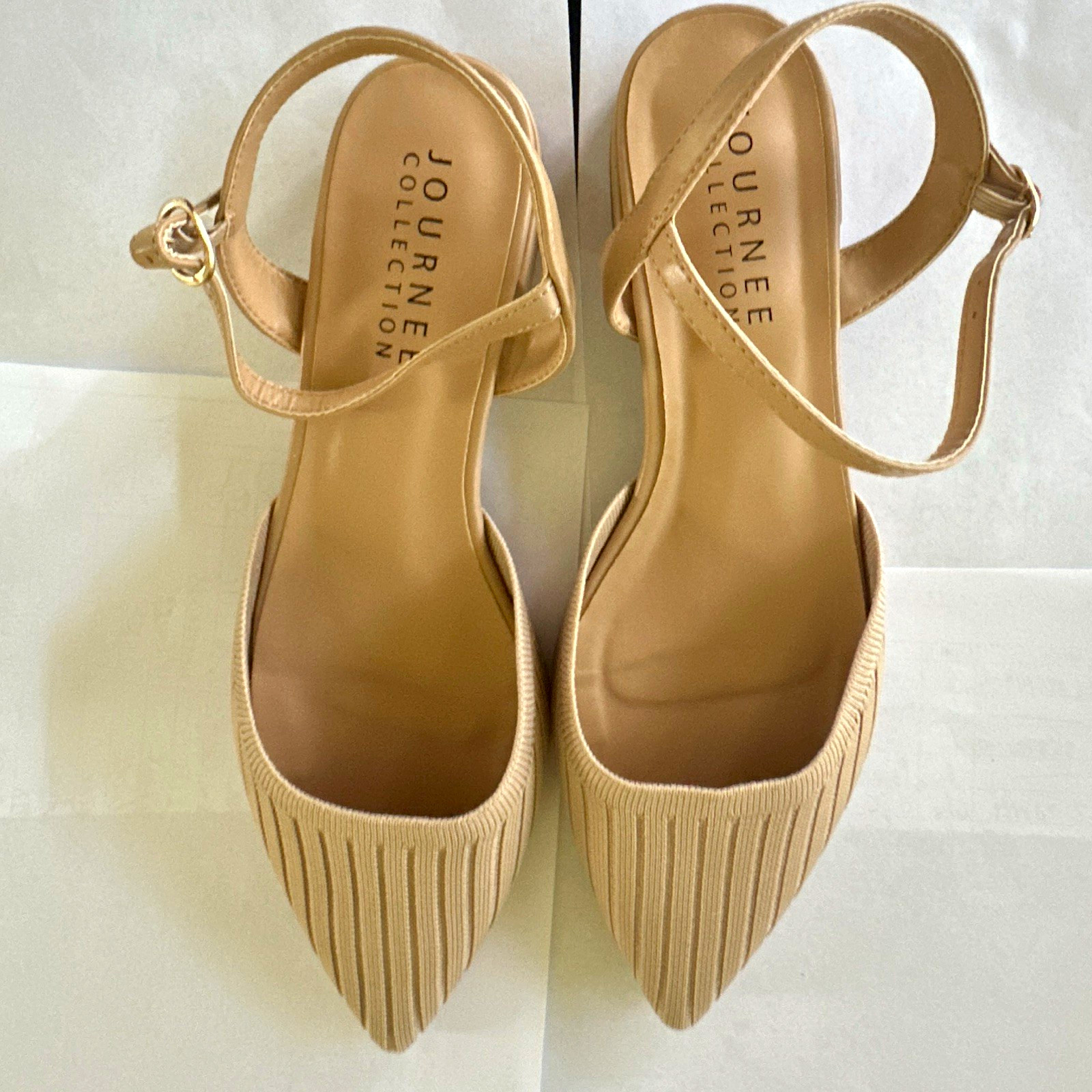 Journee Collection Beige Pointed Toe Ankle Strap Block Heel Buckle 10