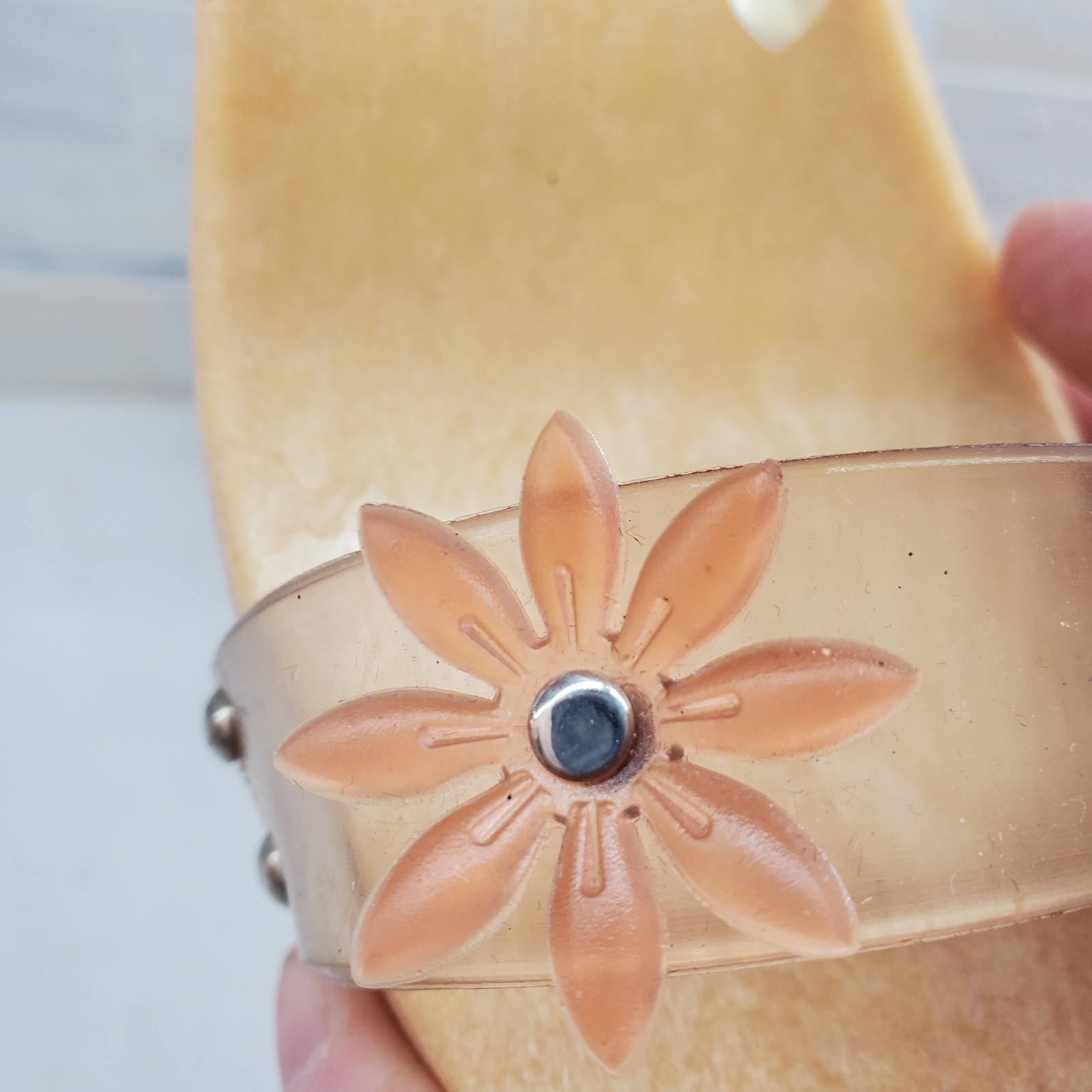 Chinese Laundry Slip-On Heels Clear Straps Jelly Flowers Rubber Platform Italian