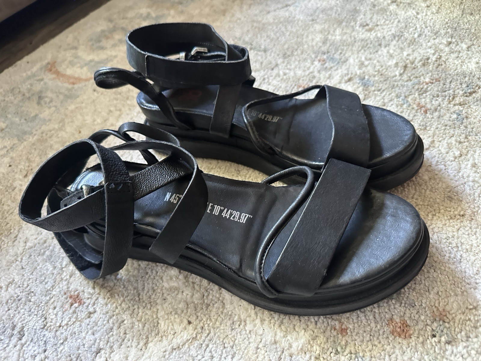 A.S.98 Black Leather Strappy Ankle Strap Buckle Sandals Women US 10 EU 42