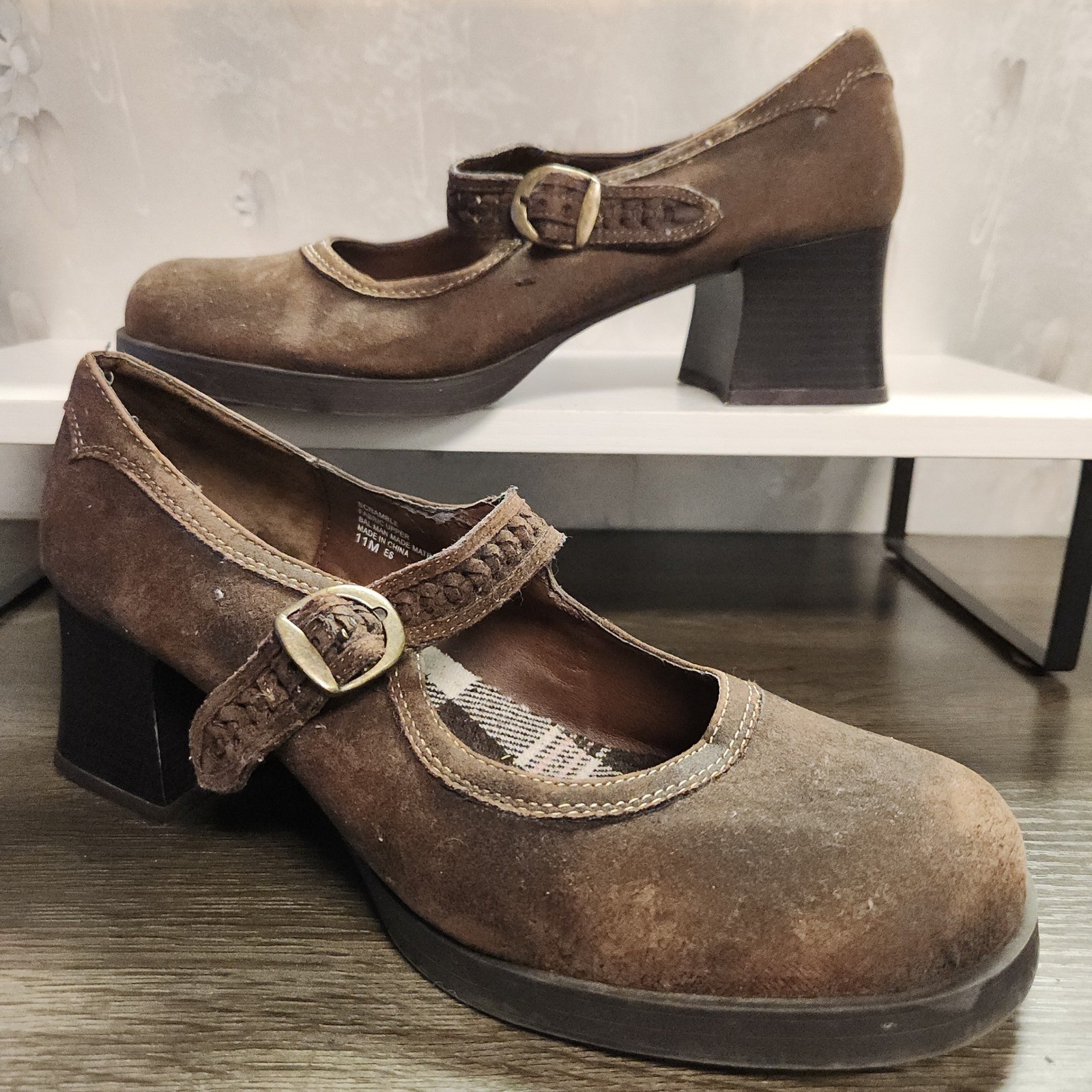 Vtg Mudd Y2K Brown Plaid Chunky Heel Platform Mary Jane *Fit Size 9/10 RARE 90’s