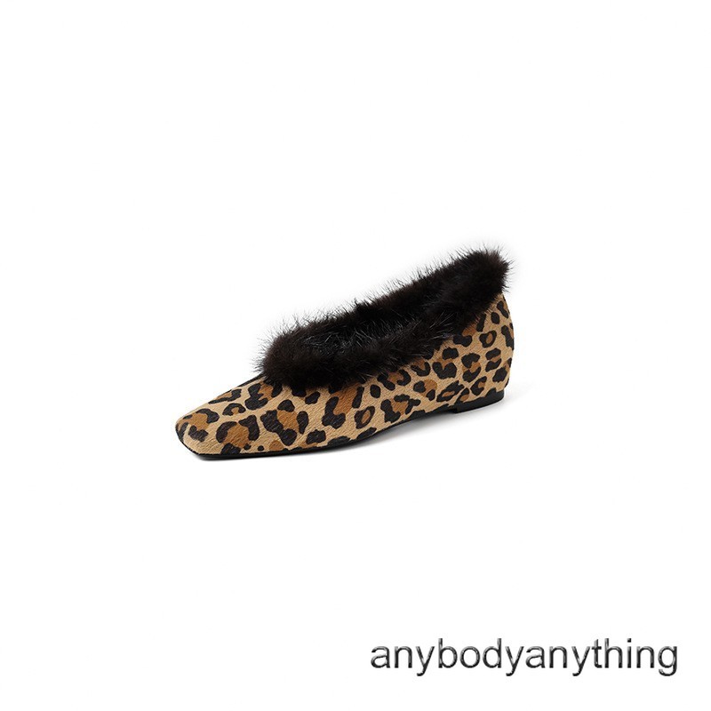 Women Square Toe Real Leather Leopard Print Mink Fur 3.5cm Low Hidden Heel Shoes