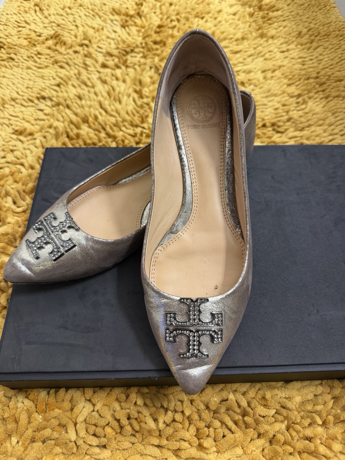 Tory Burch Metallic Pewter Pointed Toe Flats with Crystal T Cross Logo Size 7