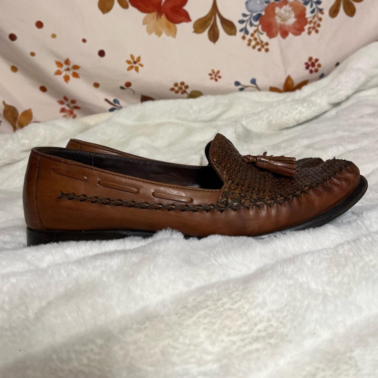 Cole Haan Womens 9.5B Vintage Brown Woven Leather Tassel Moccasin Workwear Shoes