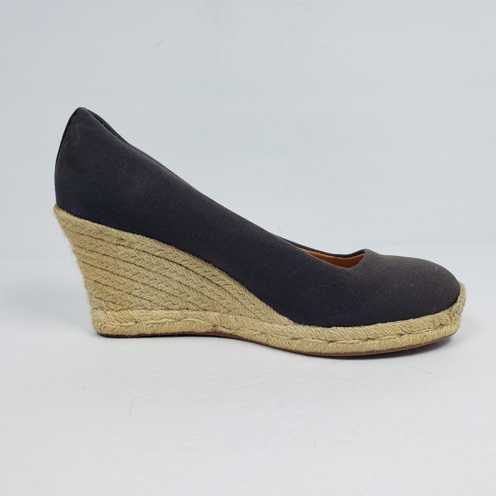 J Crew Womens Sz 7.5 Blue Canvas Slip On 3.25″ Heel Espadrille Wedge Pumps Shoes