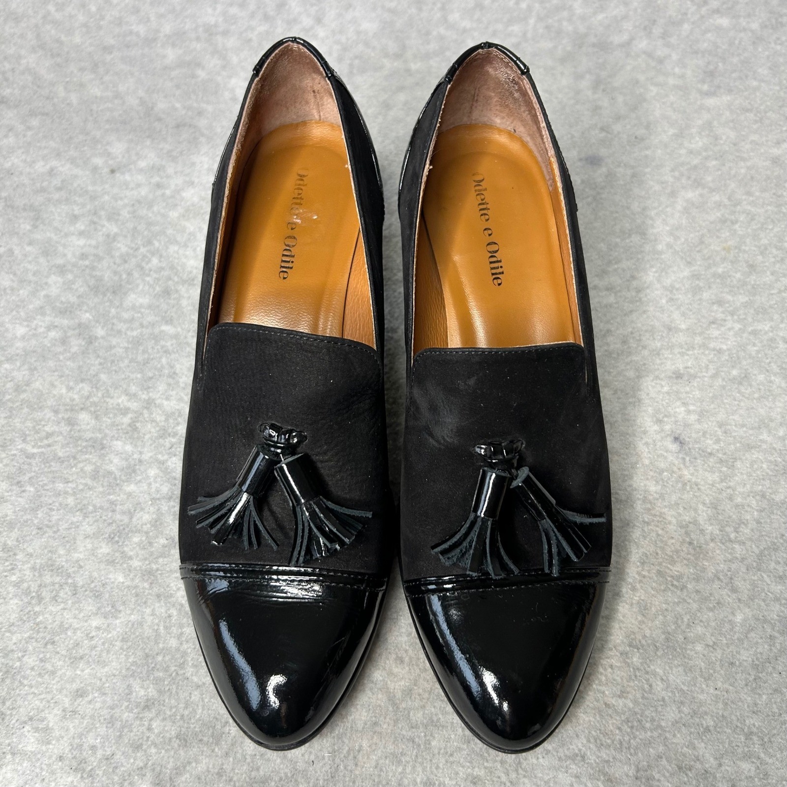 Odette e Odile Black Suede Patent Block Heel Tassel Loafers Made Japan 24 US 7