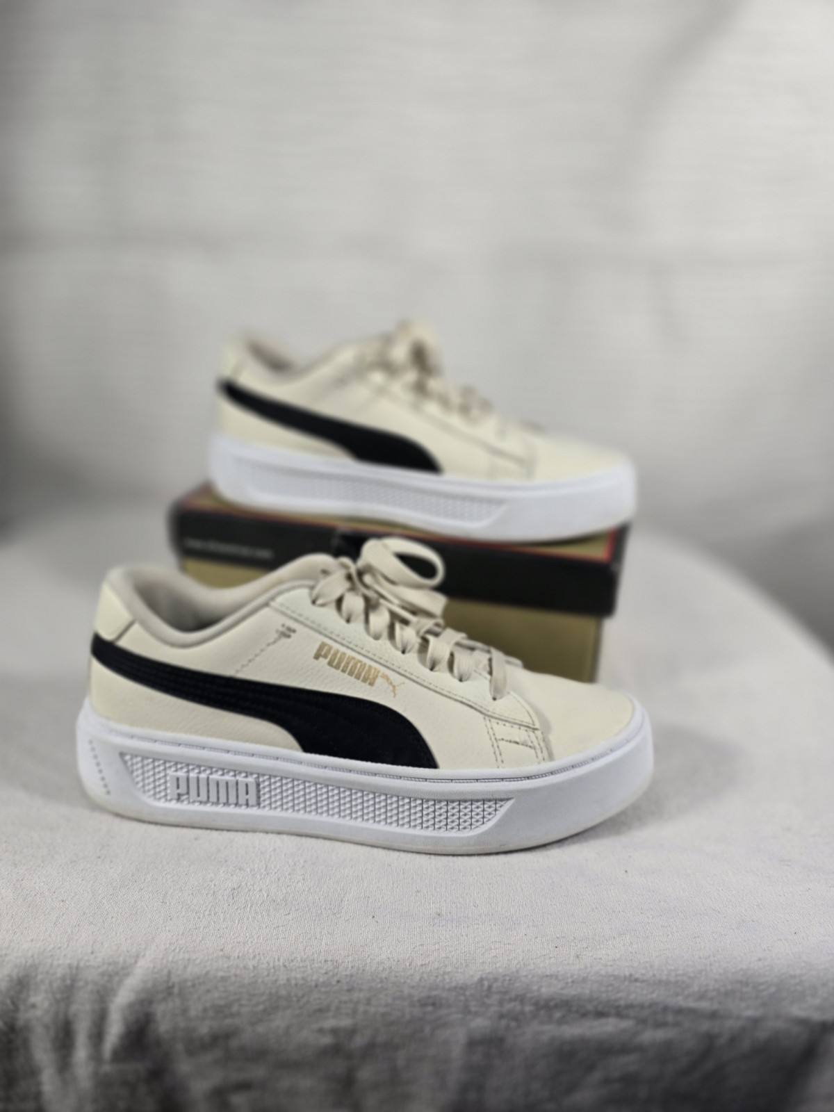 PUMA Smash V3 Platform Sneaker in Alpine Snow-Gold- Beige Women’s 7