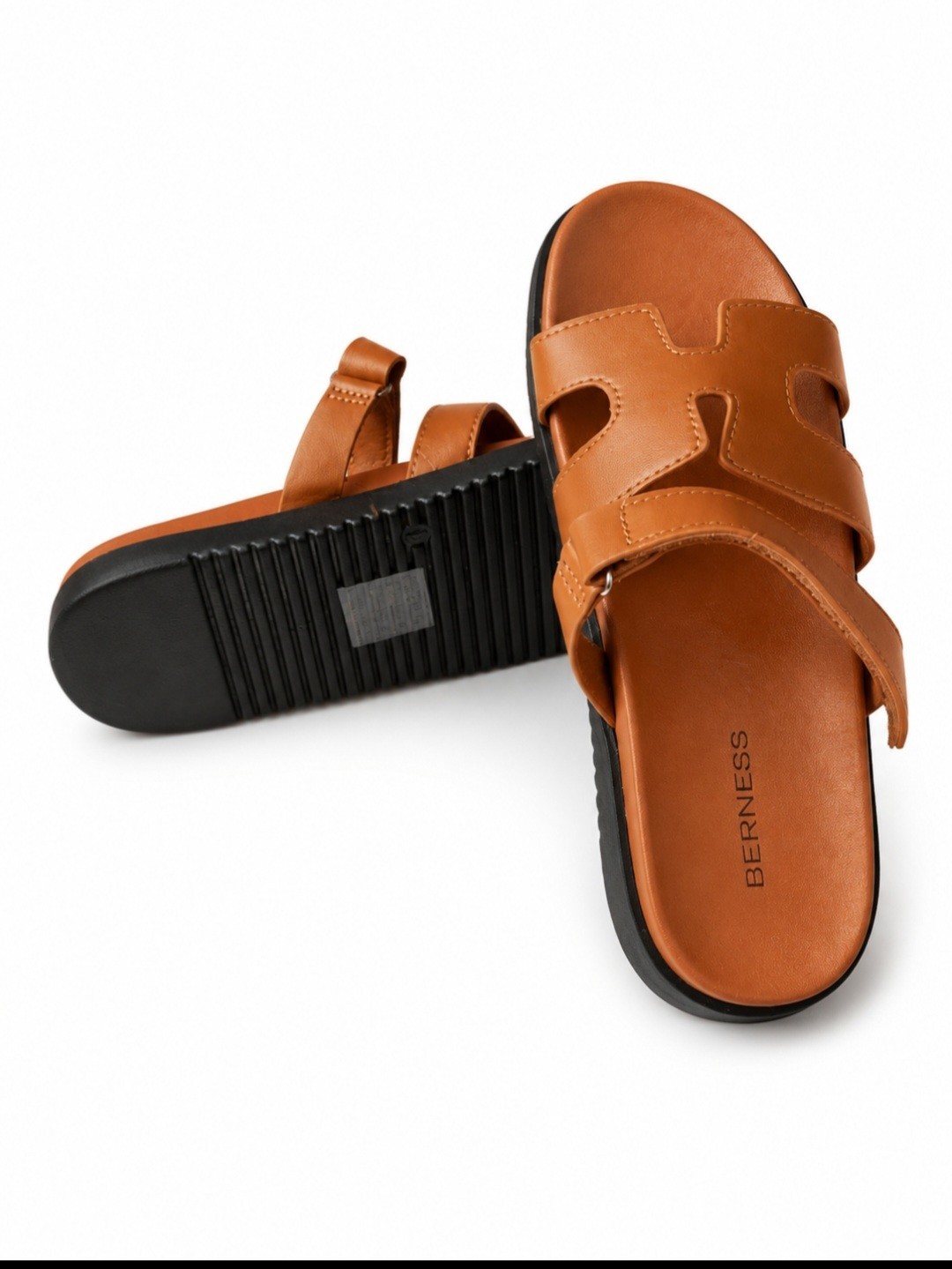 BERNESS Women’s Brown Solid Adjustable Strap Slide Sandals Slip On Rubber US 6