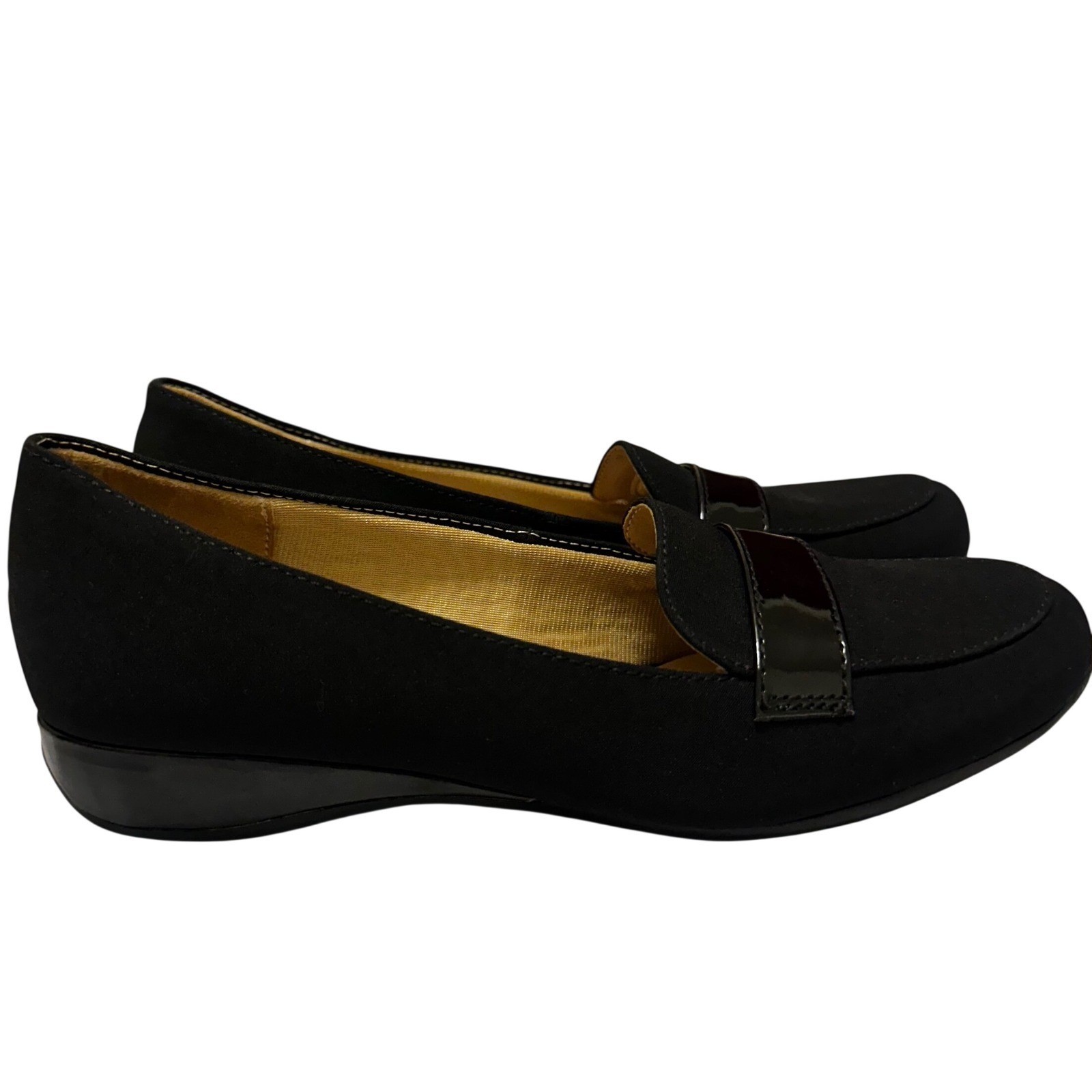 Kelly & Katie Denna Black Textile Patent Strap Loafers Low Wedge Flats Womens 7M