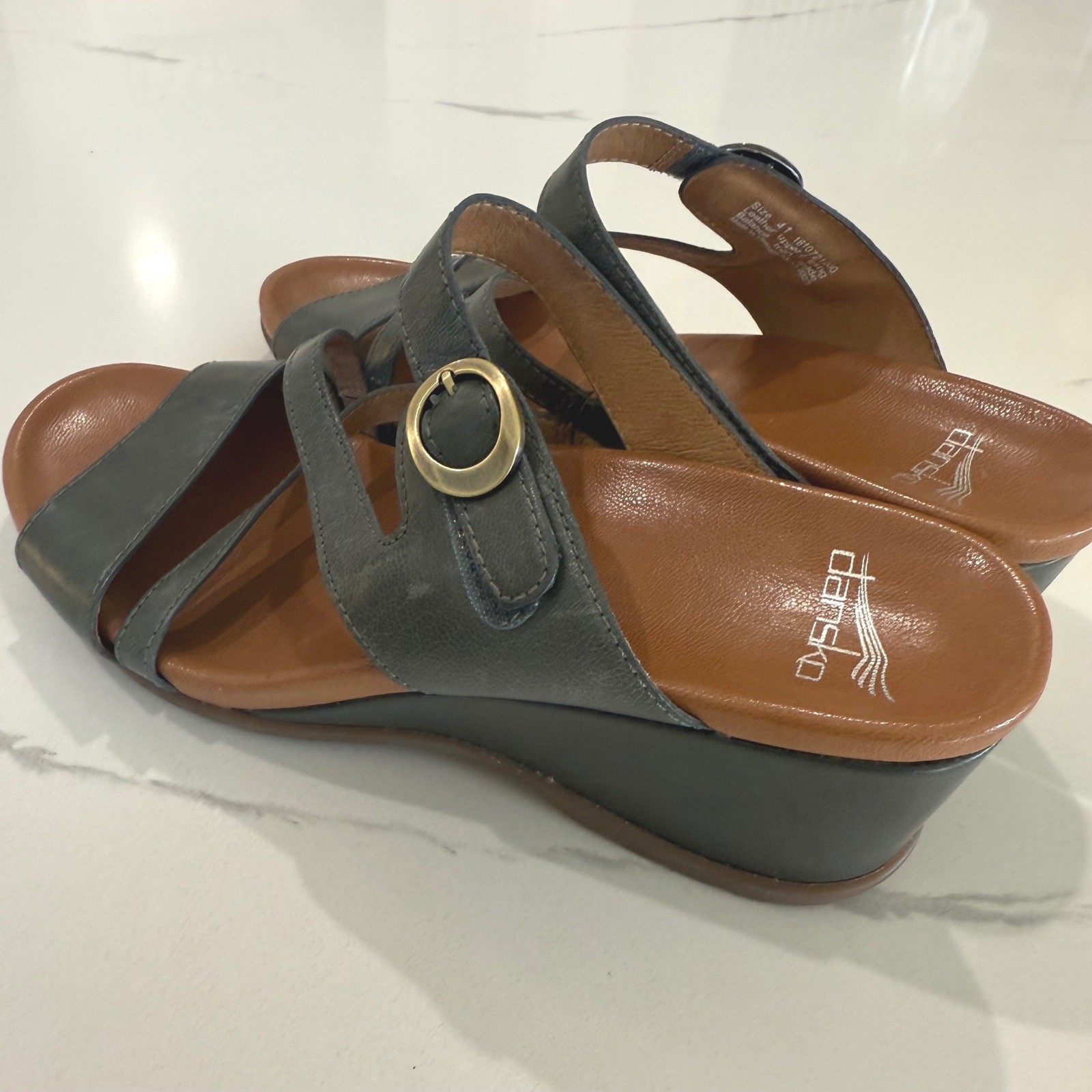 Dansko Ana Womens Gray Blue Leather Strappy Wedge Sandals Size 41 Shoes 10.5-11