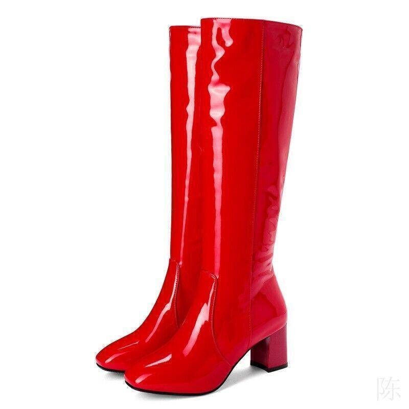 Chic Womens Casual Side Zip Faux Leather Mid Heels Riding Knight Knee High Boots