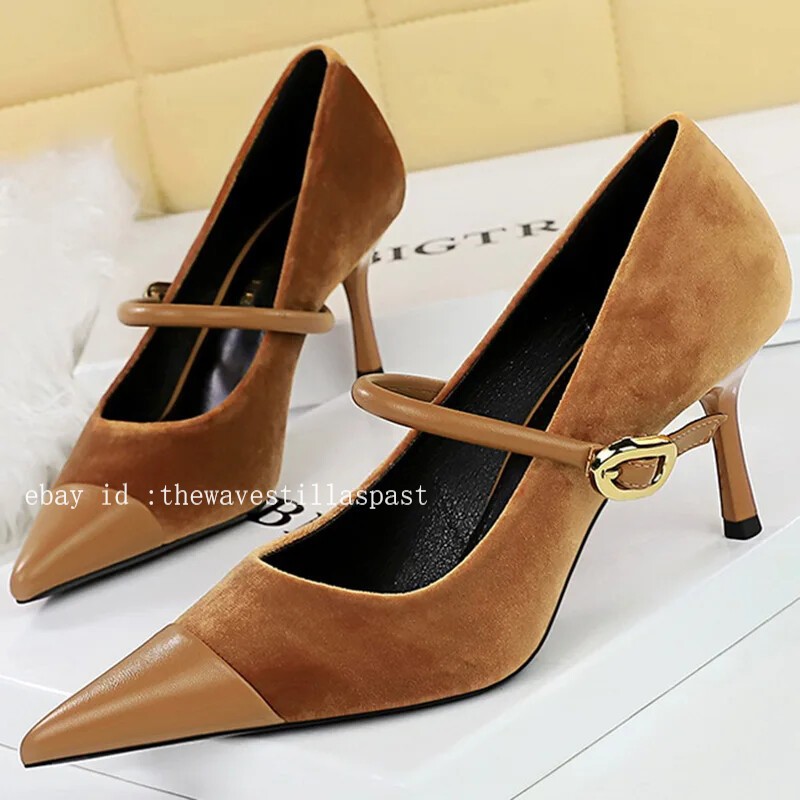 Women Pointed Toe High Heels Thin Heel Metal Buckle Stilettos Party Shoes Pumps