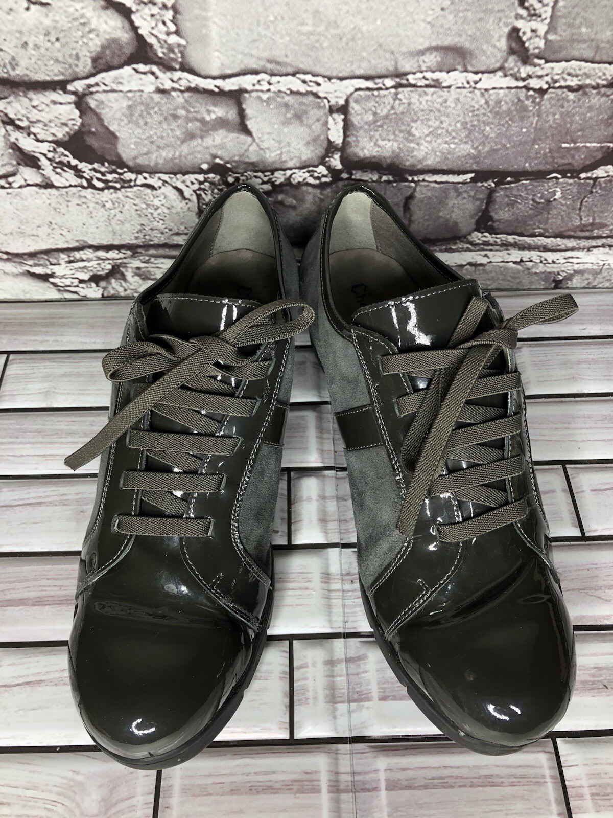 Charly Fox Gray Suede Patent Leather Lace Up Casual Wedge Shoes Women 39EU/8.5US