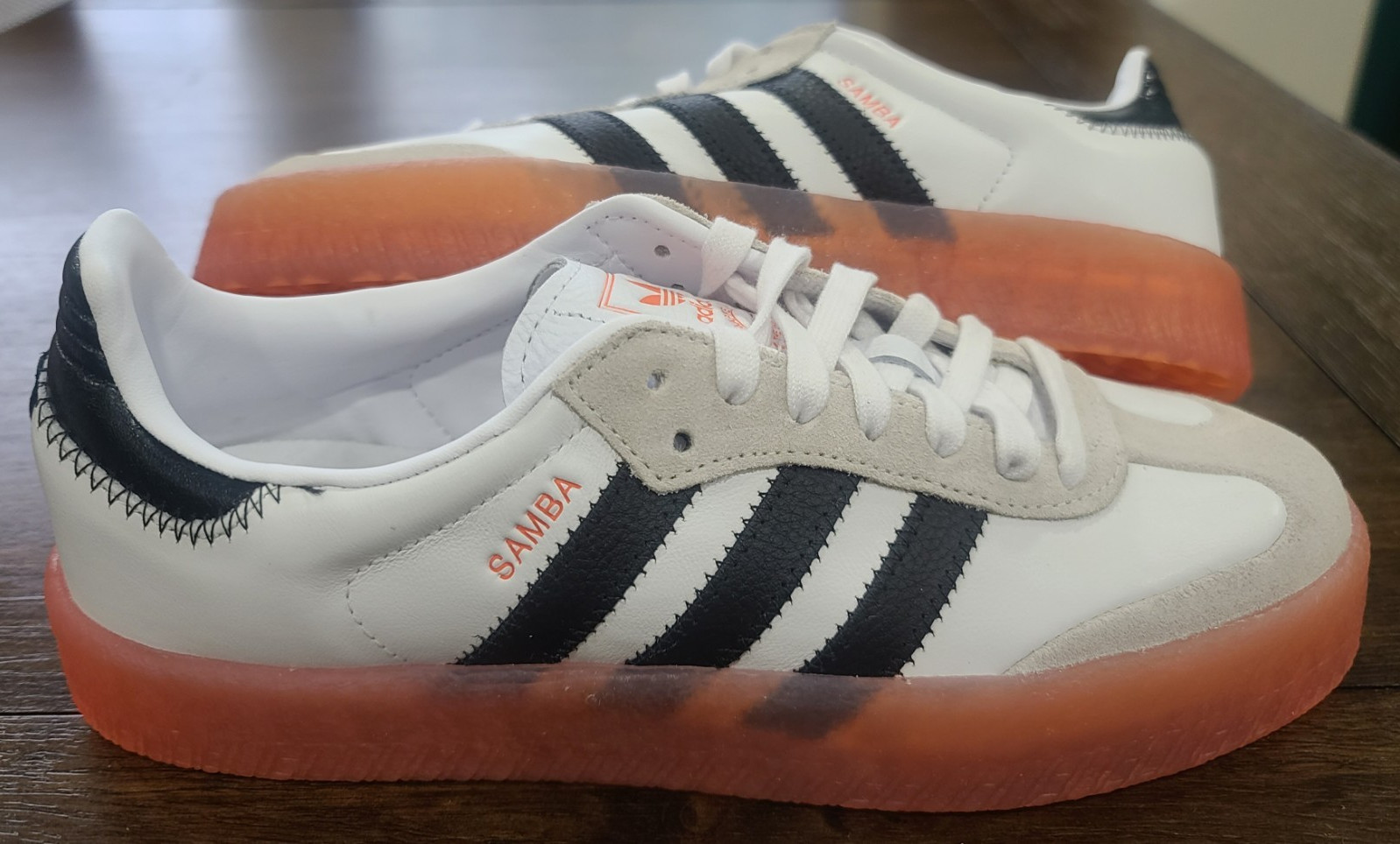 adidas Samba White/Black/Coral Low Top Lace-Up Sneaker Rubber Sole
